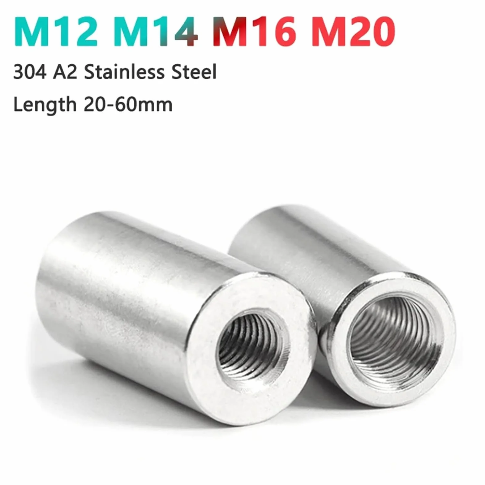 Tuerca de acoplamiento redonda larga, de acero inoxidable 304, M12, M14, M16, M20, varios tamaños, 1 pieza (M12 x 16 x 35 mm)(M16x24x50mm)
