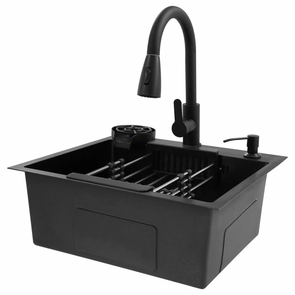 Fregadero negro 50x45 cm, fregadero de cocina de acero inoxidable, lavabo de cocina con grifo extraíble, dispensador de jabón, fregadero de cocina pequeño de acero inoxidable, fregadero empotrado incl