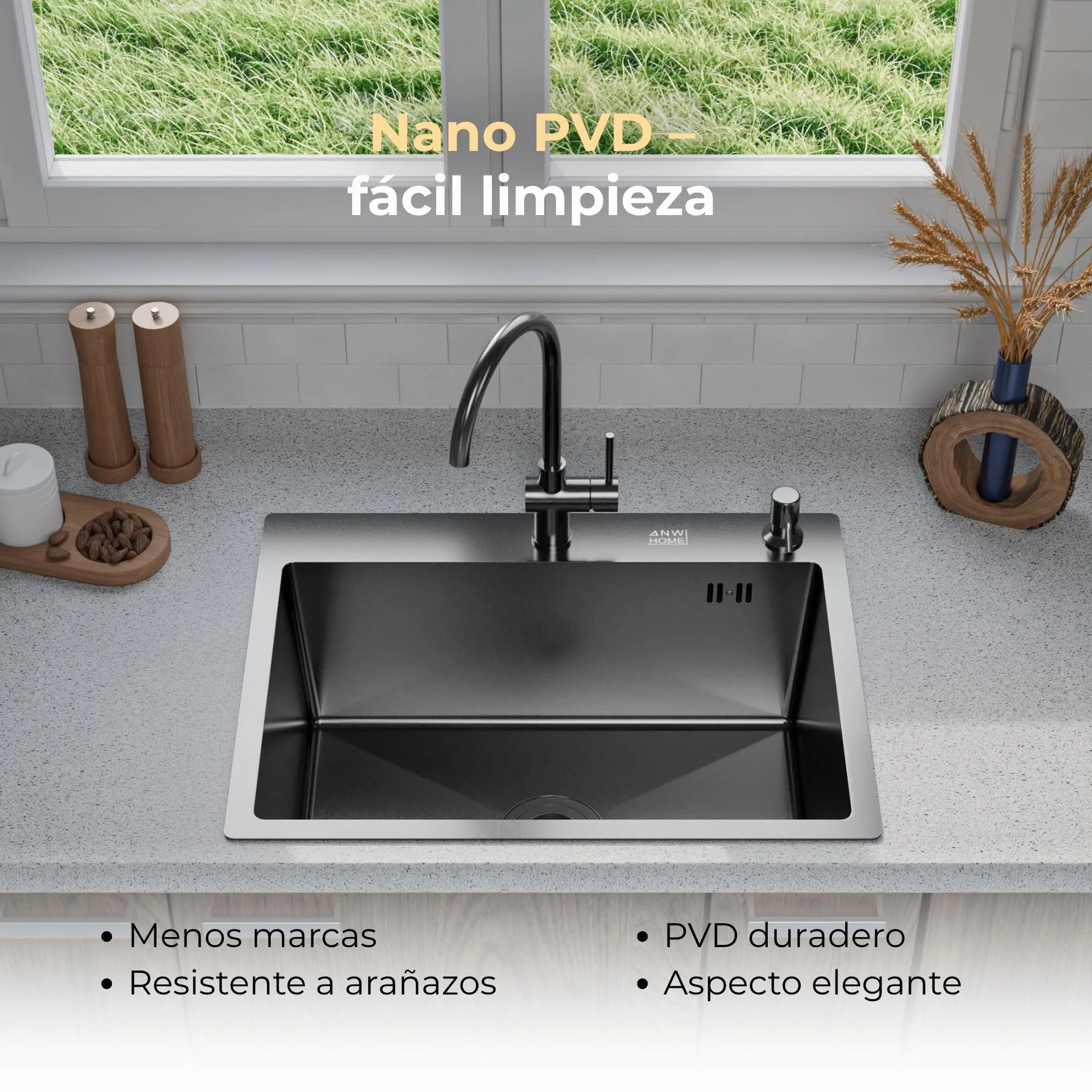 ANW HOME Fregadero Cocina 1 Seno, Acero Inoxidable 60x45 cm, Fregadero sobre Encimera Grafito PVD con Superficie Nano, Grosor 3,0+1 mm, con Sifón Dosificador de Jabón y Cesta