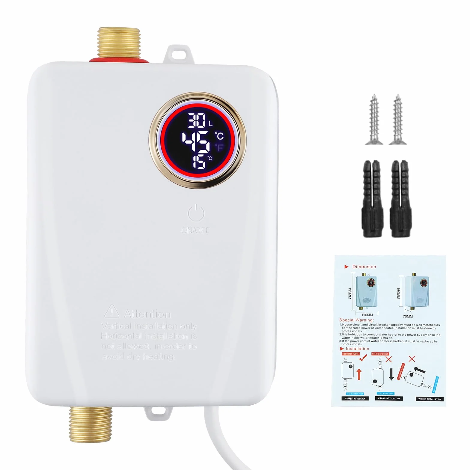 Mini calentador de agua instantáneo de 3500 W, calentador electrónico bajo fregadero con pantalla LED de temperatura. Calentador de agua instantáneo con control electrónico. compacta bajo fregadero