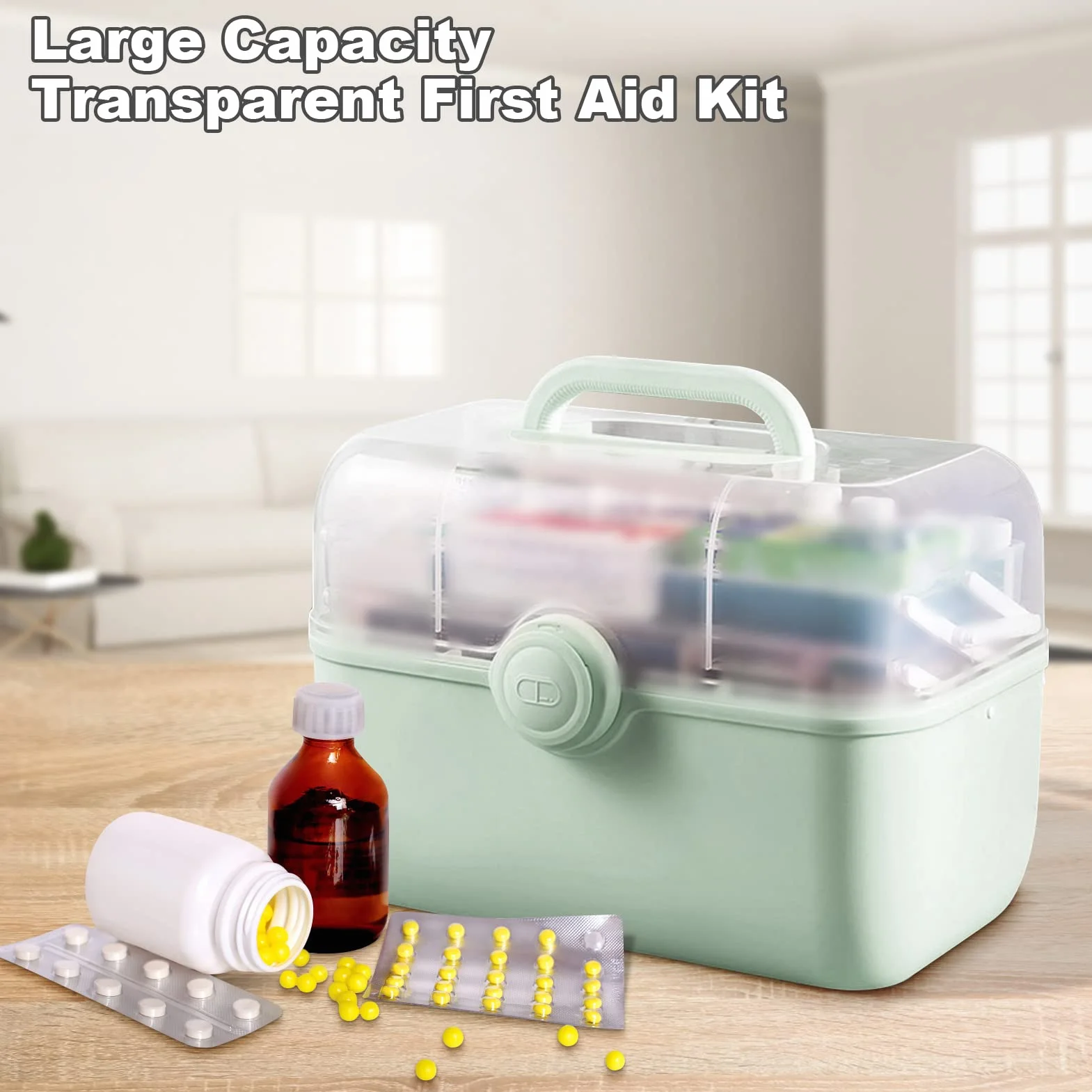 Caja de medicamentos transparente de gran capacidad, organizador de píldoras con estuche, verde