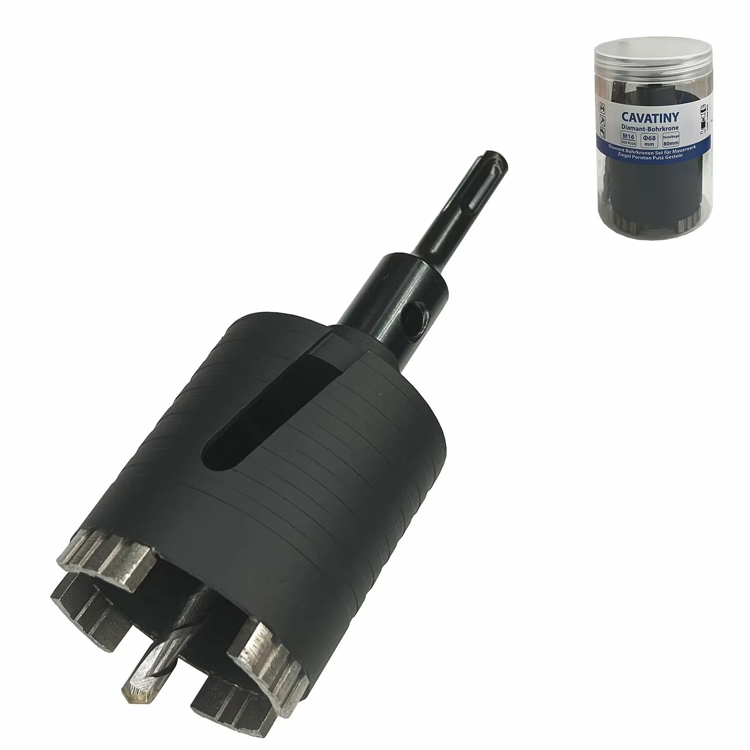 Broca avellanadora de diamante de 68 mm, altura de segmento de 10 mm con alojamiento M16 de 80 mm de longitud útil, adaptador SDS-plus, corona de perforación para hormigón, ladrillo hueco,