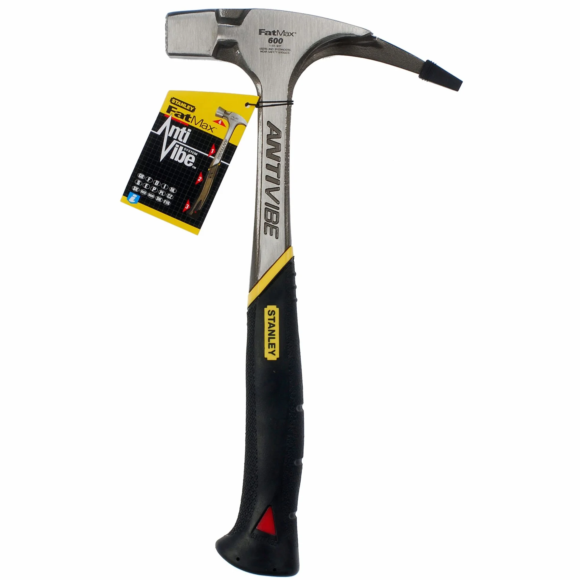 STANLEY FATMAX Martillo Latthammer Antivibe, extractor de clavos de carpintero, acero forjado, sistema antivibración, mango Dynagrip, cabeza de golpeo cuadrada plana, peso 600g, 1-51-937