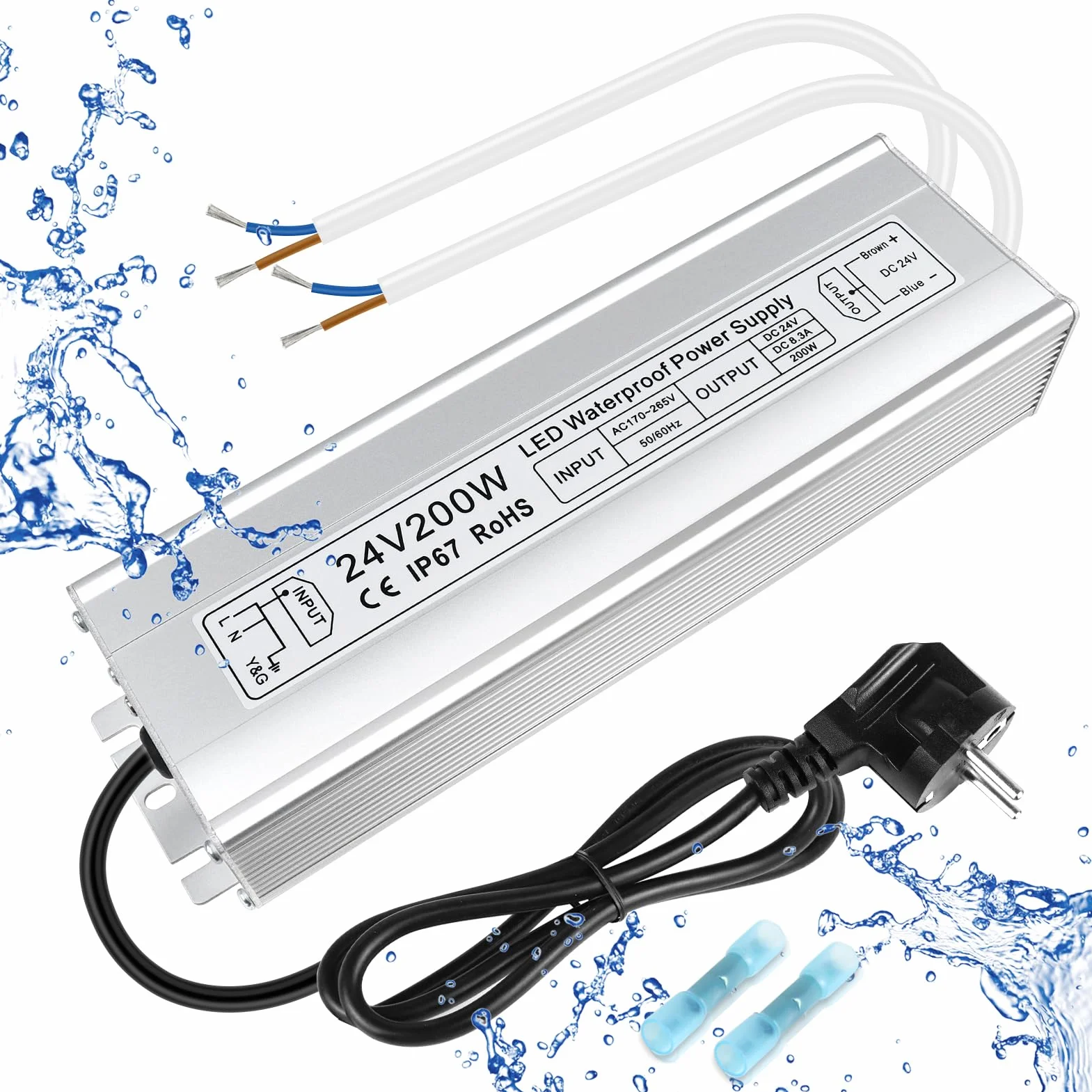 inShareplus Transformador LED de 24 V, 8,33 A, 200 W, IP67, resistente al agua, controlador para exteriores, CA 170-265 V a CC 24 V, transformador de bajo voltaje, fuente de alimentación de 24 V para