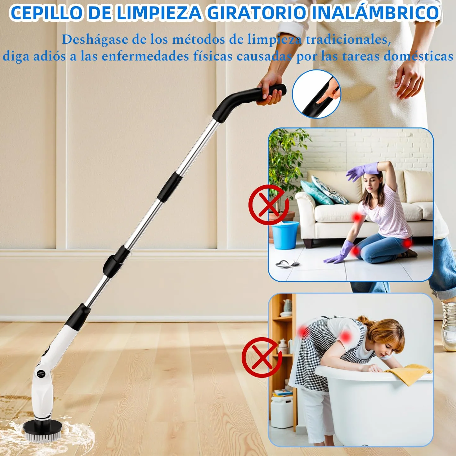Cepillo Electrico Limpieza Hogar, Cepillo Limpieza Hogar con 4 Ángulos Ajustables, 7 Cabezales de Cepillo, 3 Opciones de Longitud, 90 Minutos de Autonomía, 2 Modos de Velocidad, para Baño, Suelo
