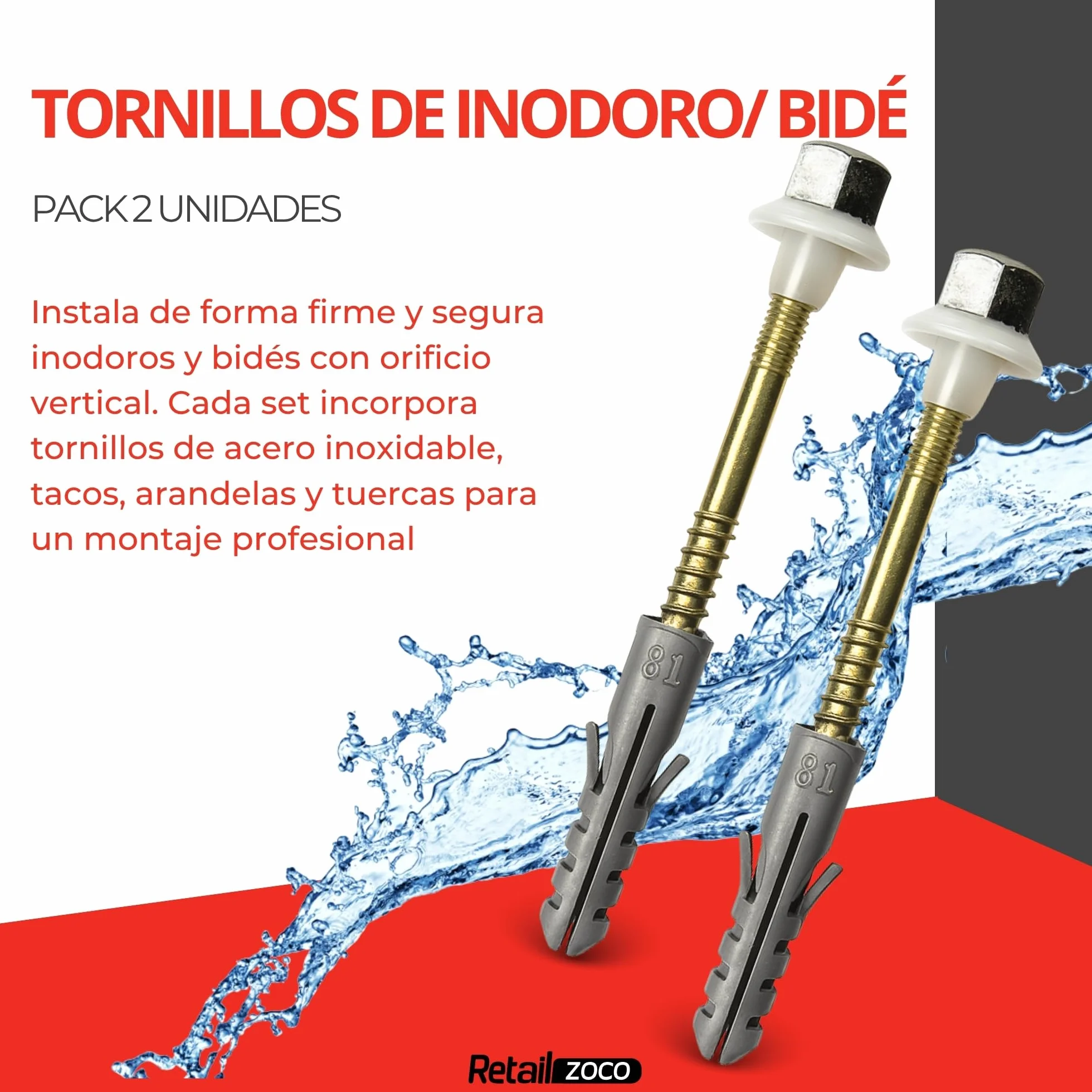 Tacos de acero inoxidable para inodoro y bidé de suelo con orificio vertical, Kit de fijación vertical para WC, Tornillo para bidé vertical, Acero Inoxidable, Pack de 2 tornillos
