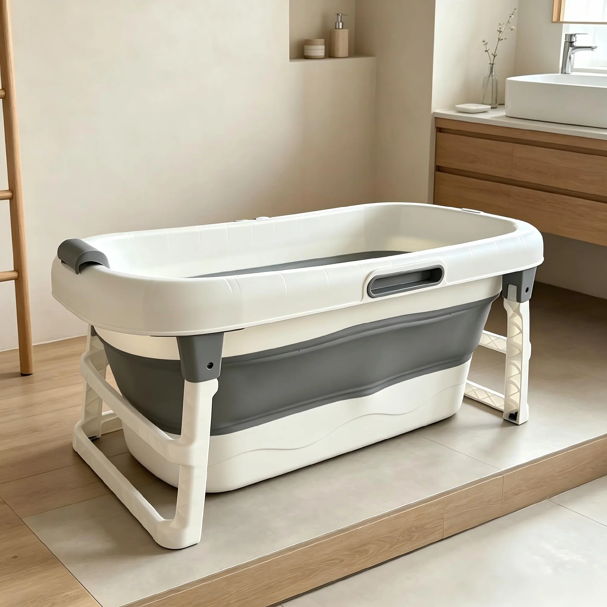 Bañera plegable portátil de tamaño adulto con almacenamiento plegable con rodillos de masaje y bandeja de almacenamiento, bañera grande y reforzada, color gris, 117 cm
