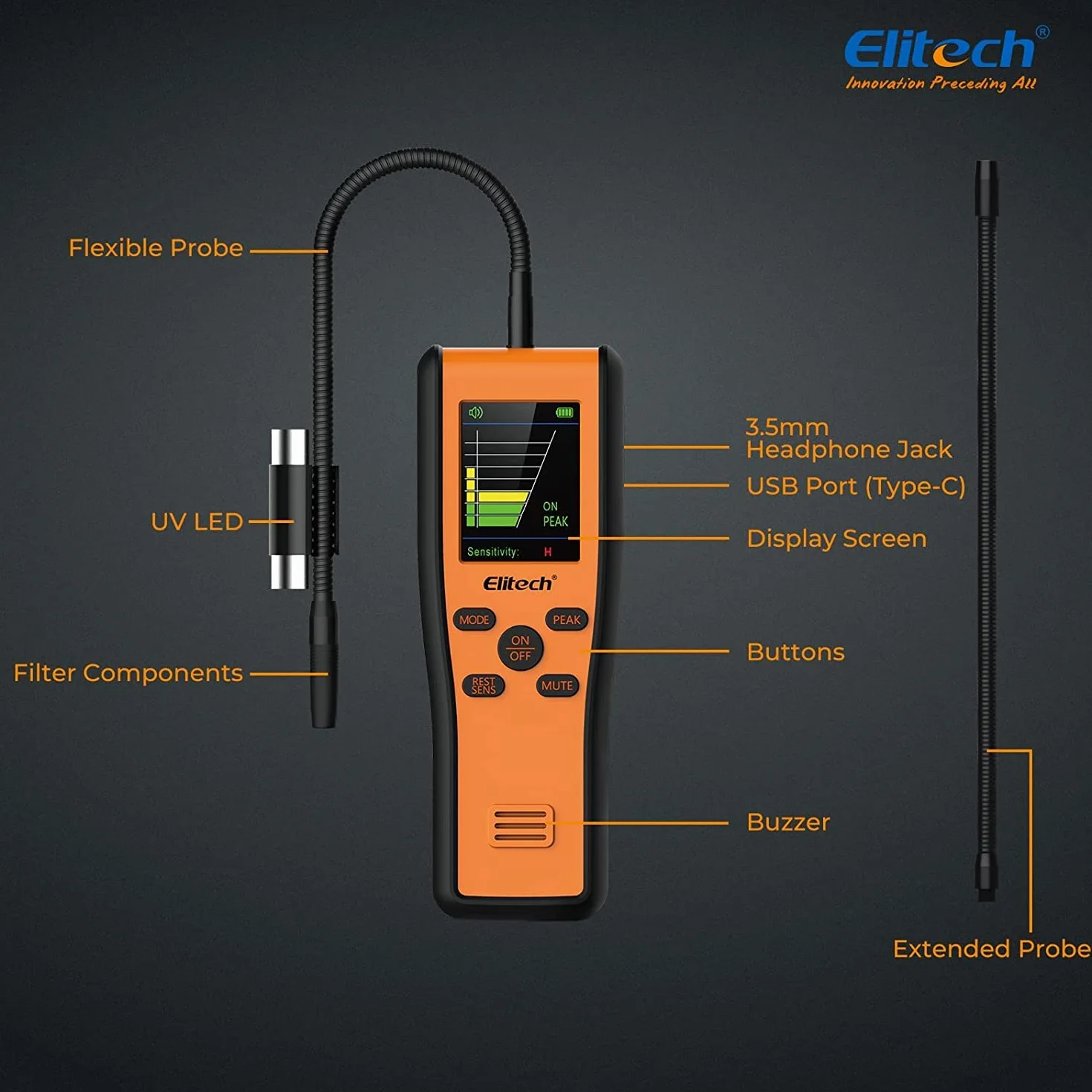 Detector de Fugas de refrigerante Elitech IR-200 2 en 1 Probador de Alta sensibilidad con Sensor Dual de diodo infrarrojo y calentado Vida útil de 10 años