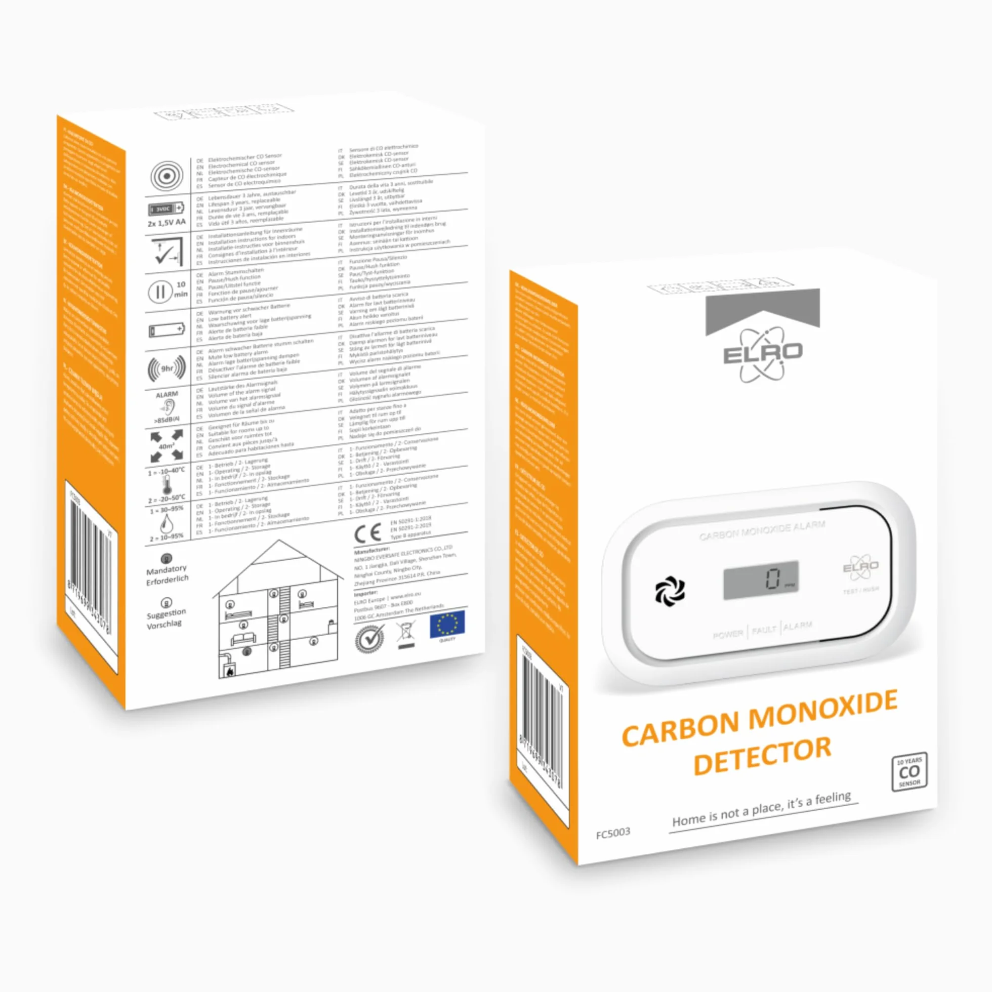 Detector de monóxido de Carbono ELRO FC5003 Sensor 10 años Pantalla LCD Batería 3 años Alarma CO EN50291