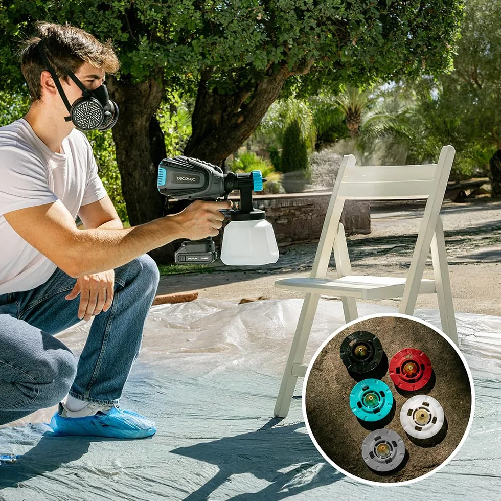 Cecotec Pistola de Pintura a Batería TotalPaint 4000 Liberty. Precisión de 14kPa, Incluye 5 Boquillas, Contenedor de 1200ml, Caudal Máximo 800ml/min, Incluye 5 Boquillas y Accesorios
