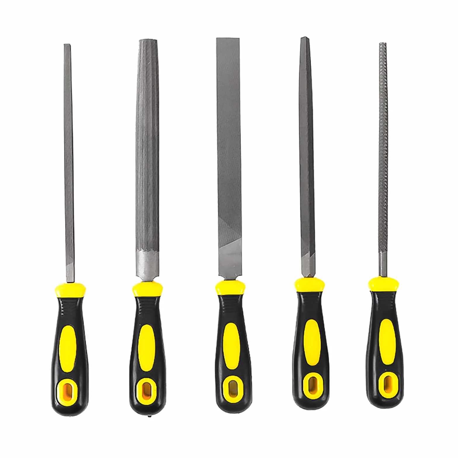 Juegos de herramientas manuales, juego de limas, escofina for madera, acero al carbono, juego de limas de metal de 5 piezas con lima plana, cuadrada, triangular, redonda y semirredonda(Size:310mm)