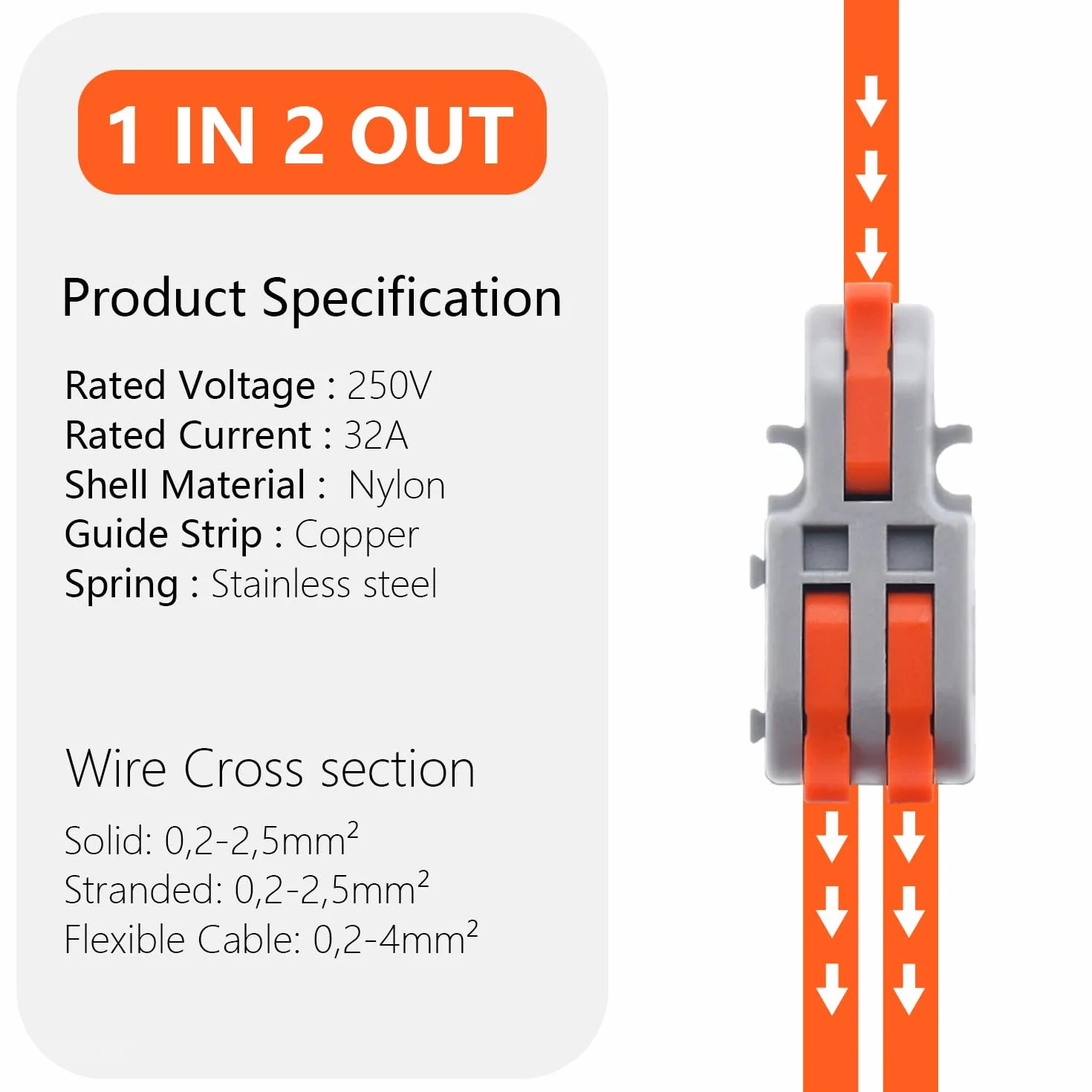 Conectores Eléctricos 1 Entrada 2 Salida, Empalme Compacto para 0,2-4mm² Cables