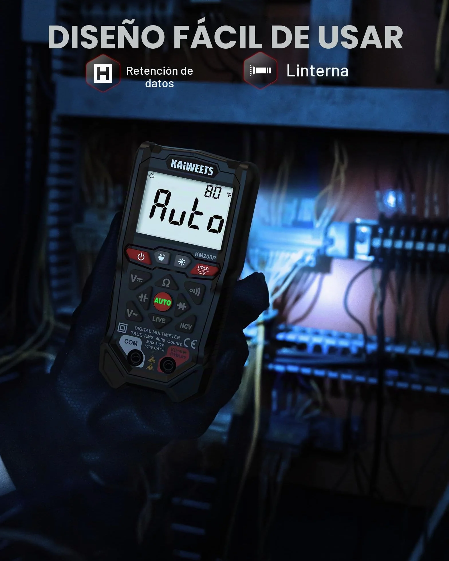 Multímetro Digital KAIWEETS con Control por Botones, 4000 Cuentas, Selección Automática de Rango, TRMS, Función NCV y Prueba de Cable Vivo, Mide Tensión CA/CC, Resistencia, Continuidad y Capacidad