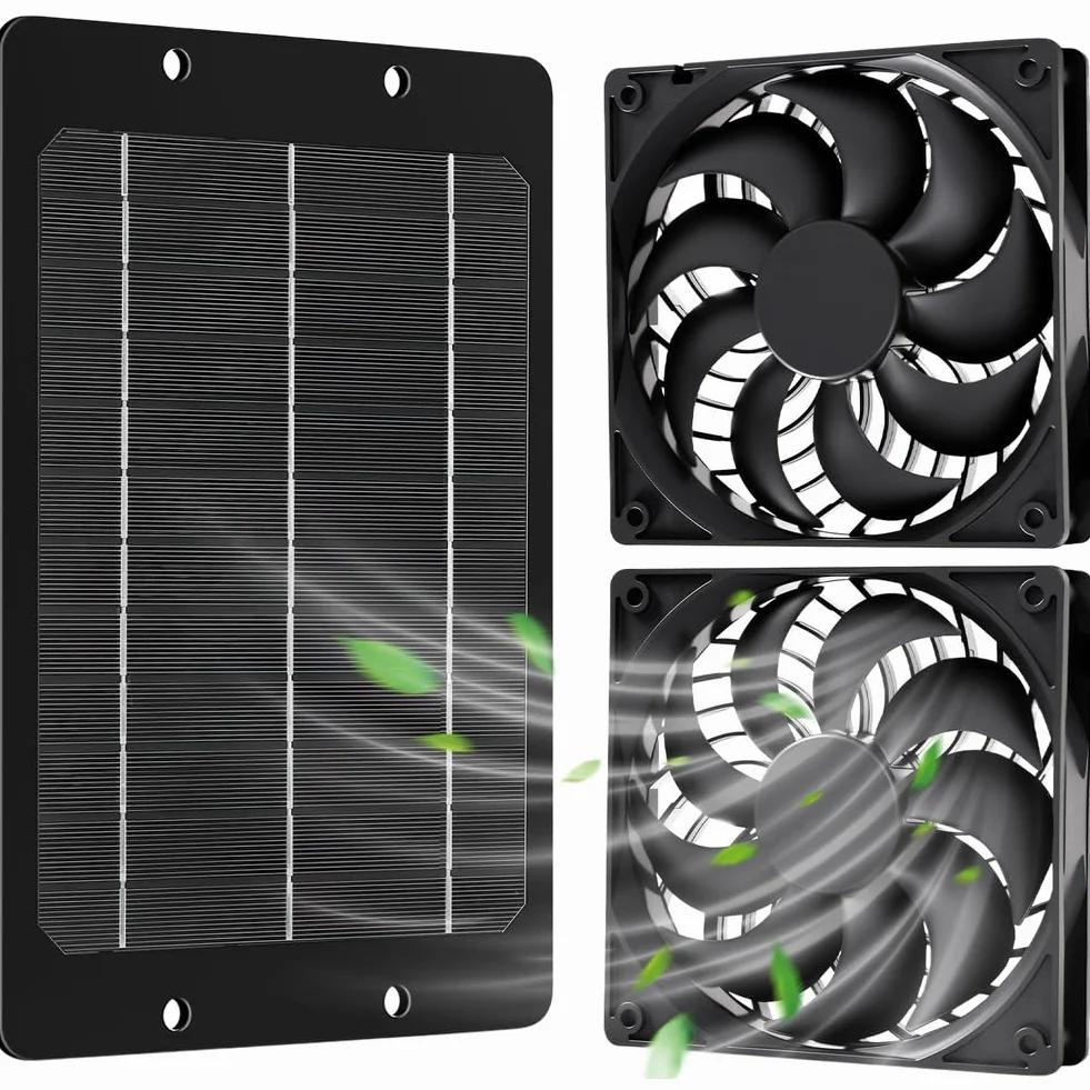 Kit de ventilador de panel solar, IP65 impermeable con energía solar, ventilador de escape dual de 12 V, ventiladores de ventilación al aire libre para gallineros, invernaderos, cobertizos, casas de