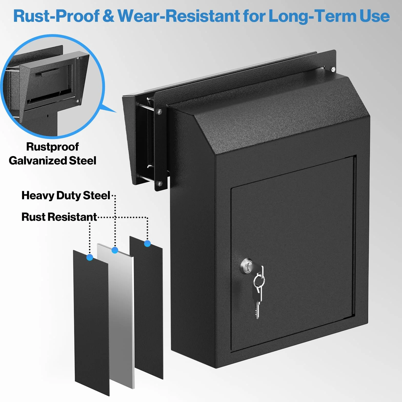 Pochar Buzón Resistente a la Lluvia para Puerta, buzón de Acero galvanizado Resistente a la Intemperie para Llaves, depósito, Pago, Correos – Buzón de Correo a través de la Puerta (Negro)