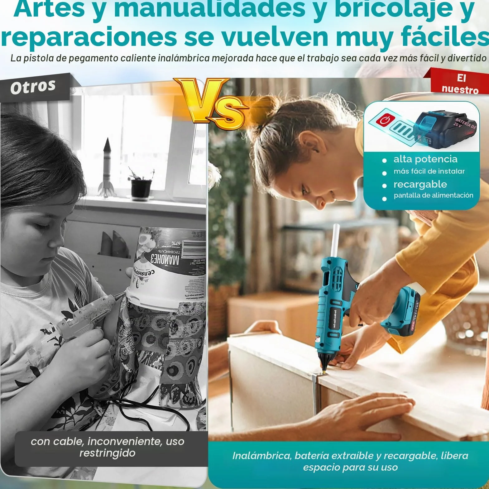 Pistola de Pegamento Caliente Inalámbrica con Batería de 100 W, con Batería de 21 V y 2000 mAh y Cargador, Pistola de Pegamento de Calentamiento Rápido con 12 barras de Pegamento, Pistola de Pegamento