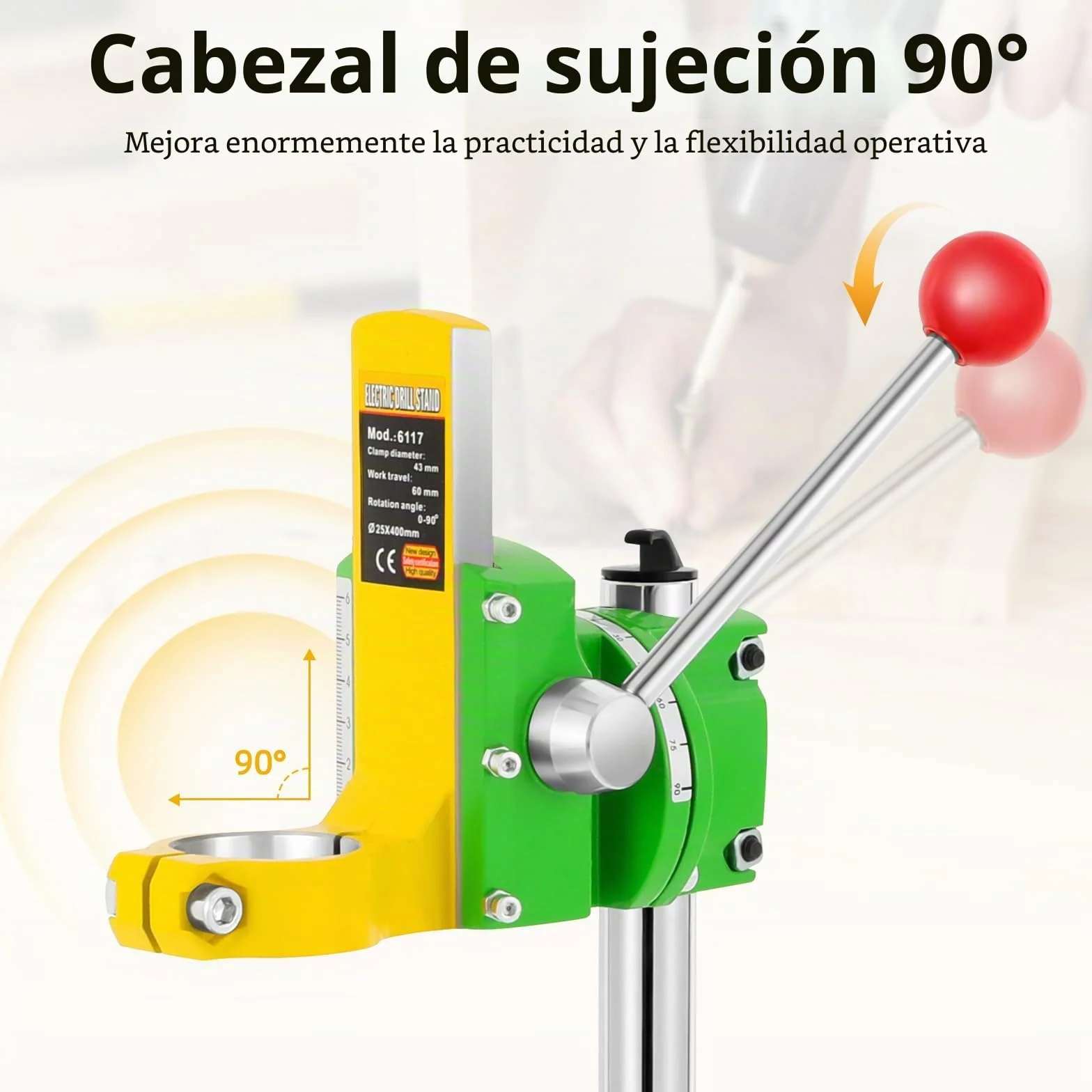 Soporte de perforación giratorio de 90° para taladradora - Banco de trabajo multifuncional con diámetro de collar de 38-43 mm | Incluye 3 cabezas de plástico (diámetro interior: 38-42 mm, 40 mm, 27 mm