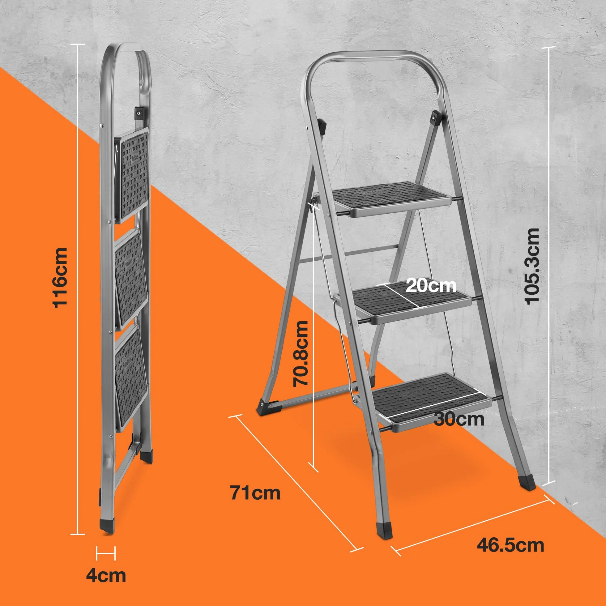 VonHaus Escalera Plegable de 3 Peldaños – Escalera de Tijera Antideslizante y Fácil de Guardar - Soporta hasta 150 Kg - Escalera Articulada Premium para Bricolaje y Jardinería – Acero Duradero