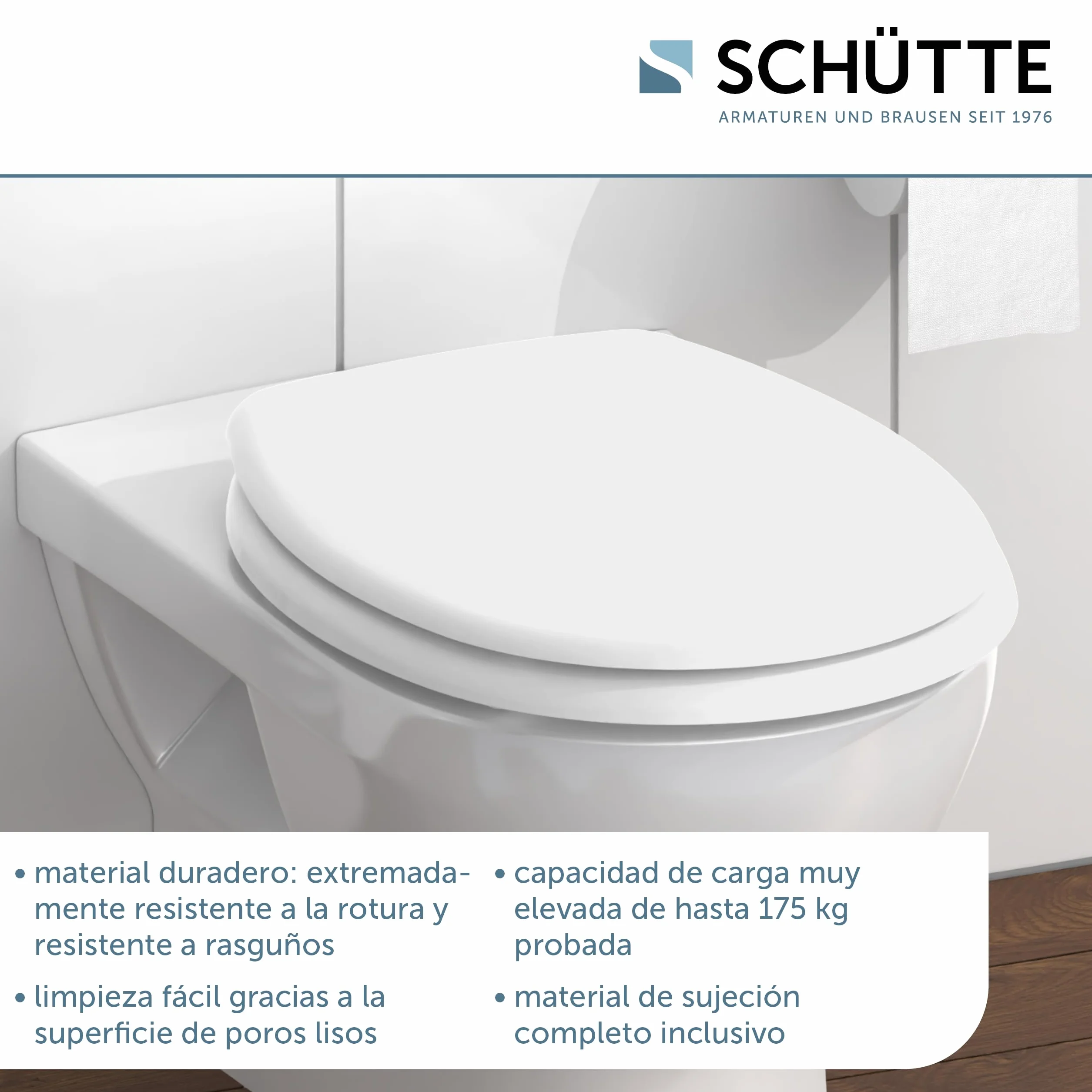 SCHÜTTE Asiento de inodoro sin descenso automático, tapa de inodoro con bisagras metálicas, Duroplástico resistente a los arañazos, tapa y asiento de inodoro con carga máxima de 150 kg, tamaño