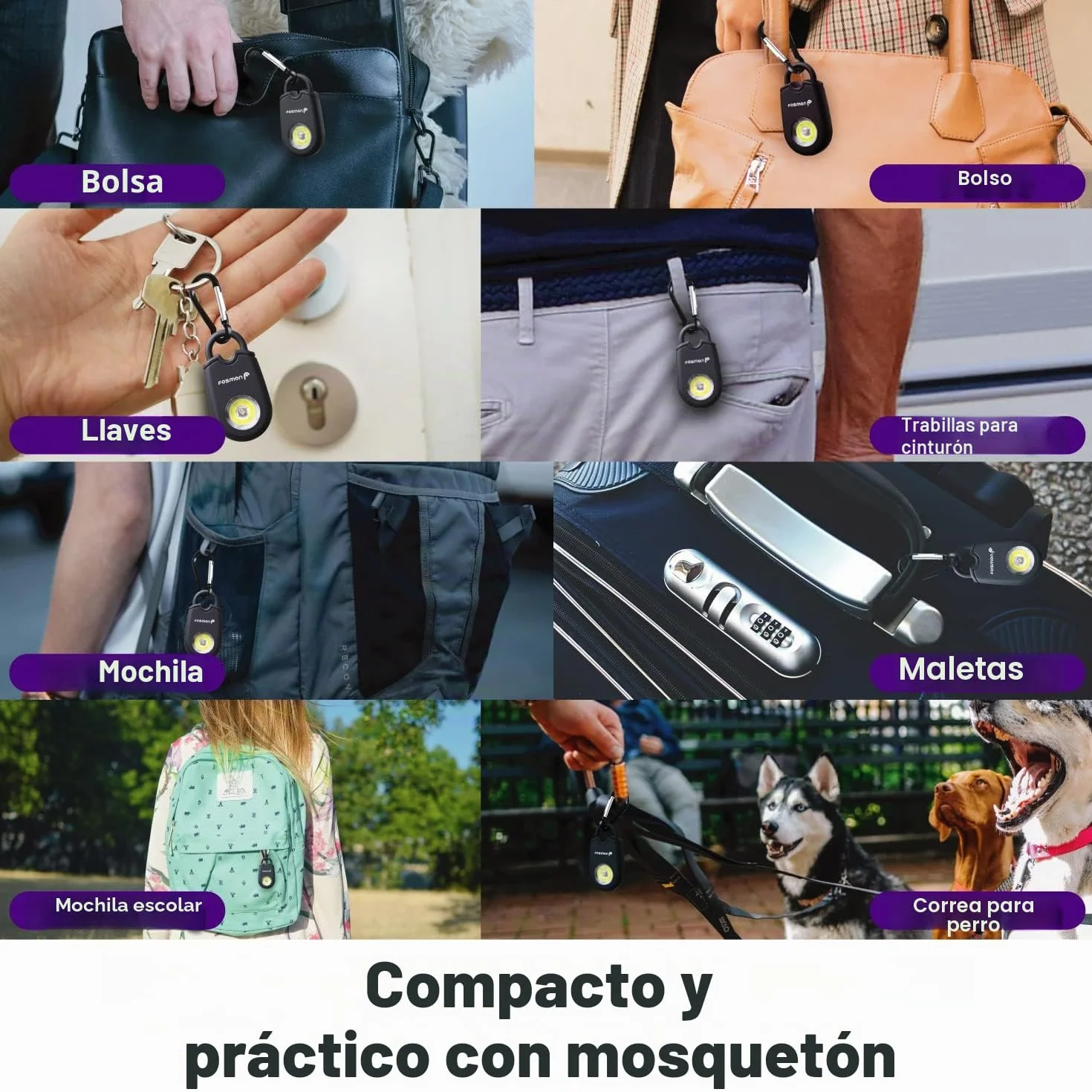 Fosmon - Alarma personal de bolsillo antiagresión | Alarma para Mujer y Hombre | Sirena de 130dB audible hasta 180m | Alarma personal con luz intermitente | Alarma con mosquetón | Paquete de 2 alarmas