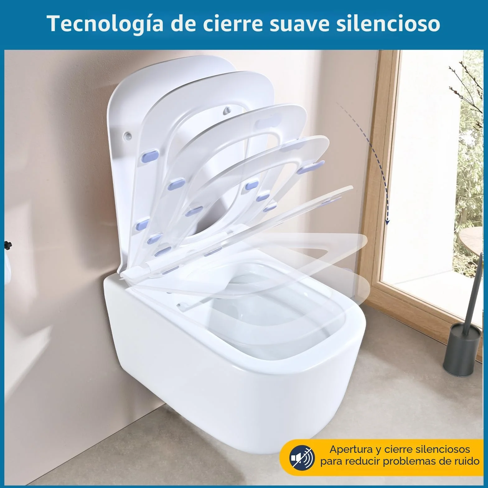 Asiento de Inodoro Cuadrado con Cierre Suave, Tapa WC Ultrafino, Liberación Rápida, Universal 42.5x34.5cm