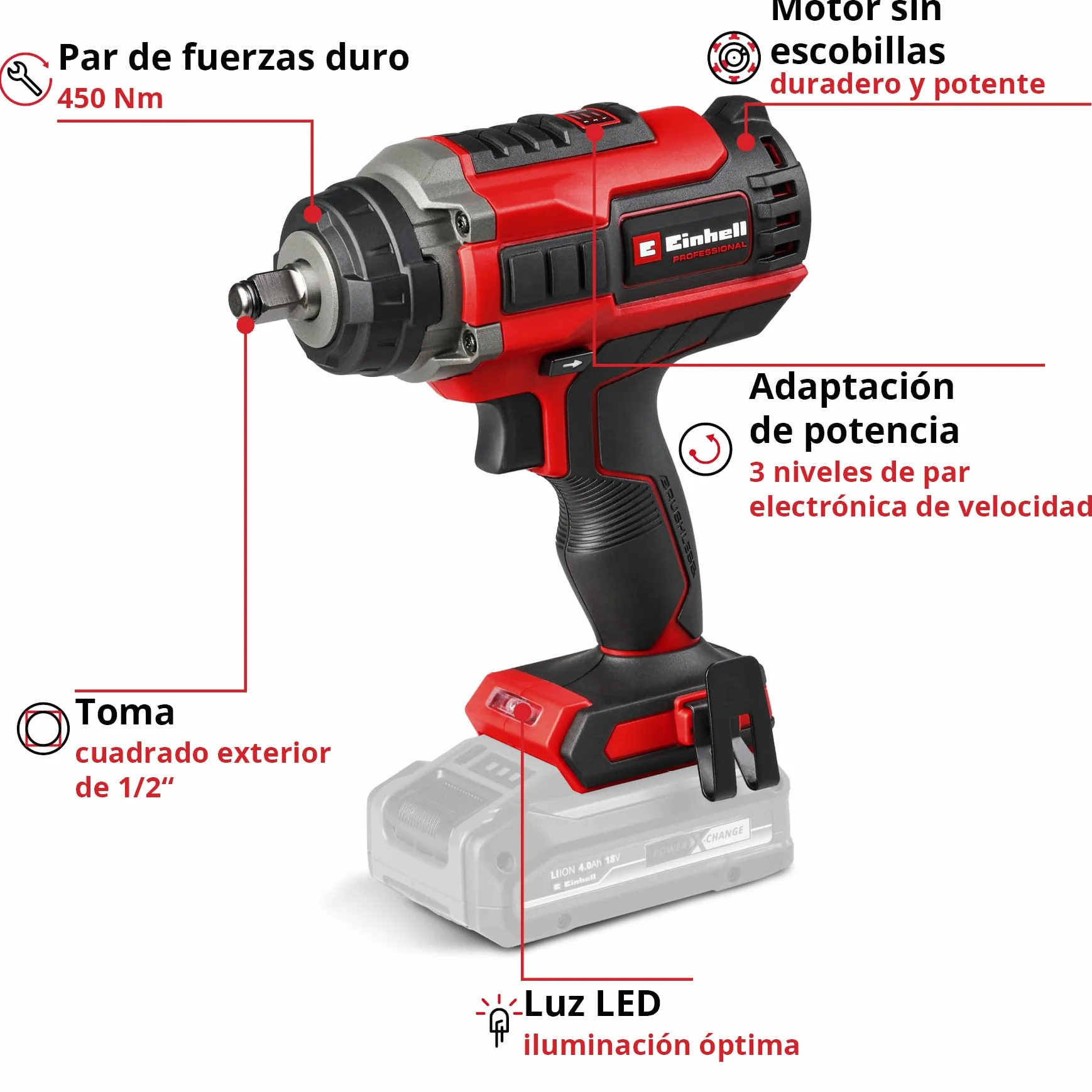 Einhell Professional Atornillador de impacto con batería IMPAXXO 18/450 Power X-Change (18 V, 450 Nm, 3 niveles de potencia, sin escobillas, recepción de 1/2", incl. set de tuercas, sin batería)