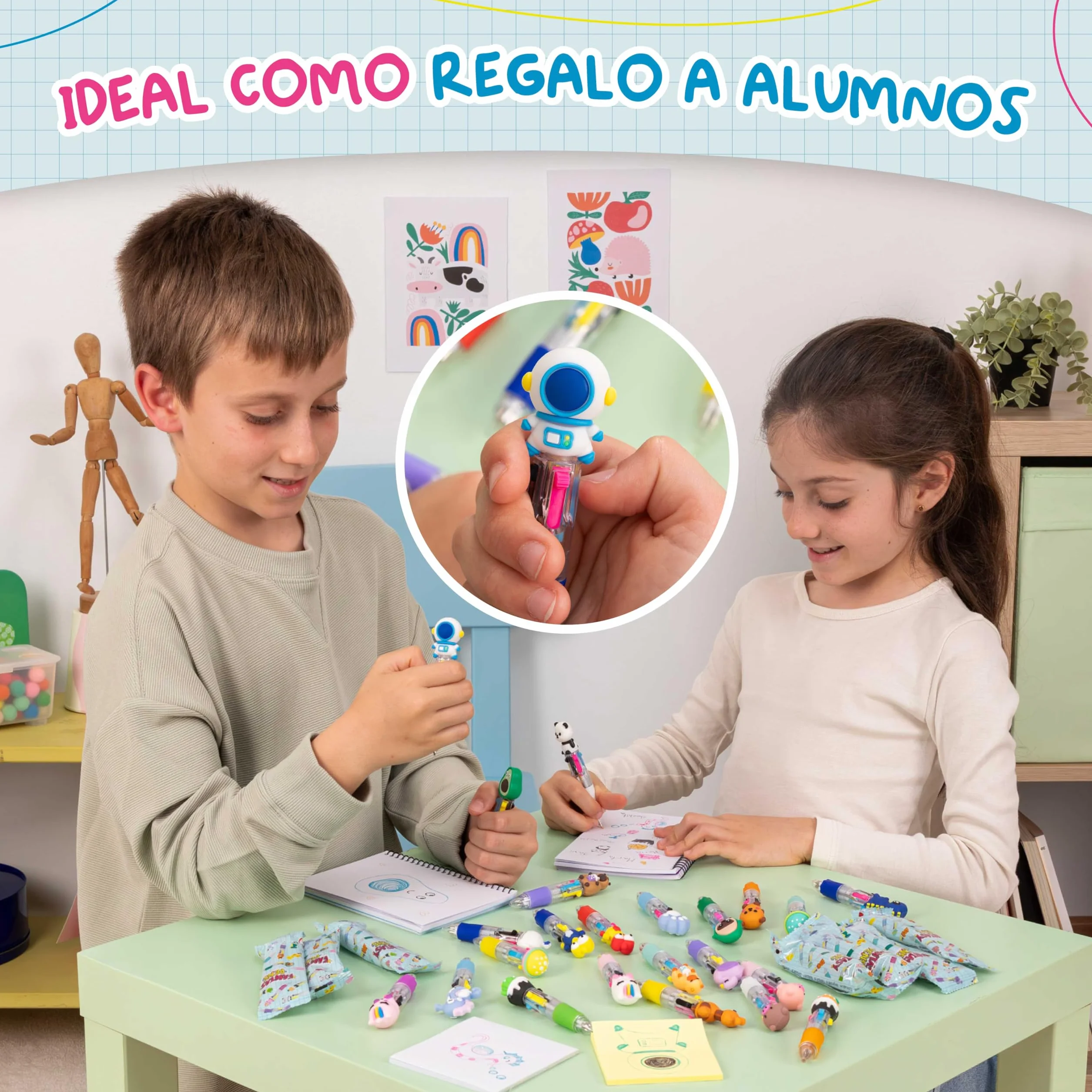 BONNYCO Boligrafo Multicolor 4 Colores con Figuras Divertidas, Pack 30 Regalos Cumpleaños Niños Colegio