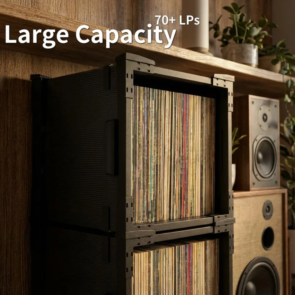 HumminGuru FlexiCube Caja para Guardar Discos de Vinilo Organizador Apilable 12 Pulgadas 70 LP Estante Modular Plegable (3 cubos)