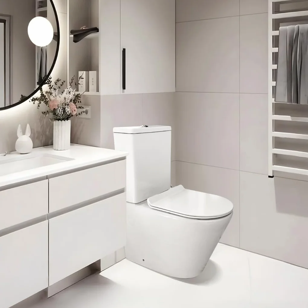 Inodoro Completo - WC Inodoro Completo con Sistema Rimless Antibacterias - Vater Baño con Tapa UF Termodurente Amortiguada - Inodoro Salida Dual Eficiente con Ahorro de Agua (Venecia)