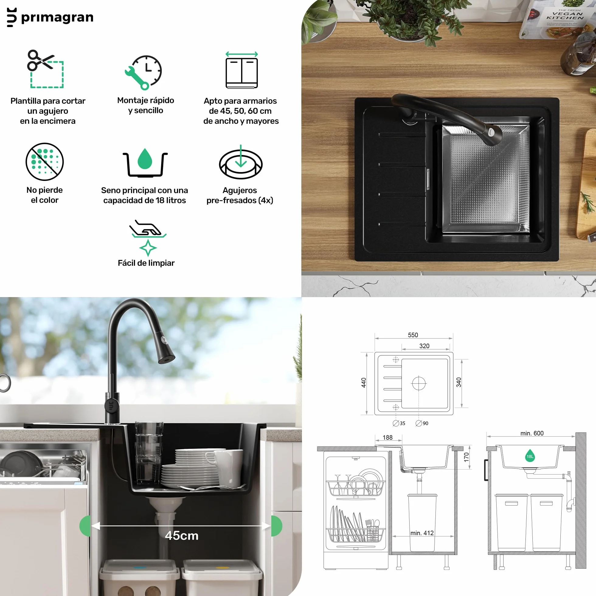 PRIMAGRAN Fregadero Cocina Beige - Copenhague Easy, 55x44cm | Granito 1 Seno + Sifón, sobre Encimera al Mueble 45cm (S006)