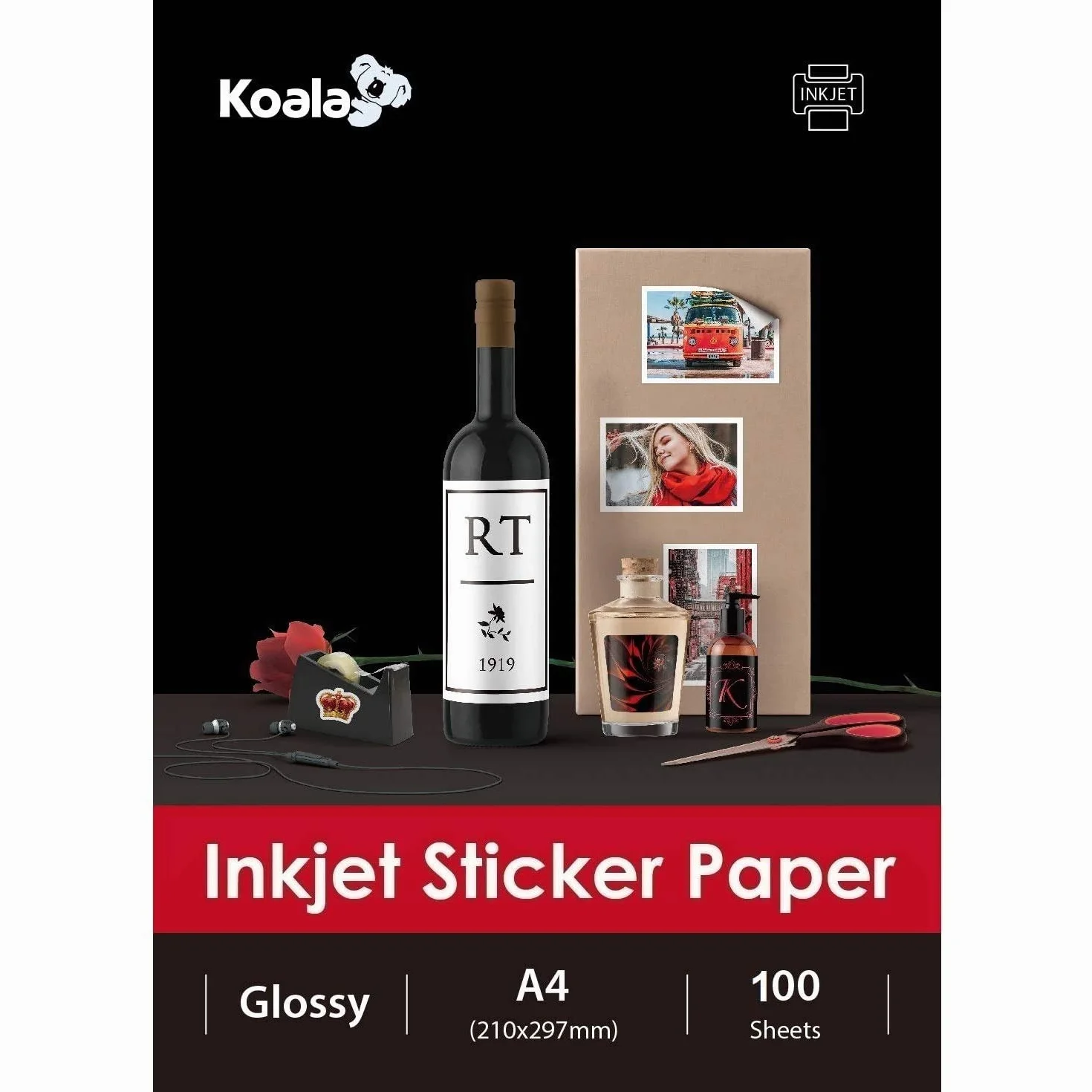 KOALA Papel fotográfico brillante autoadhesivo A4 100 hojas para inyección de tinta