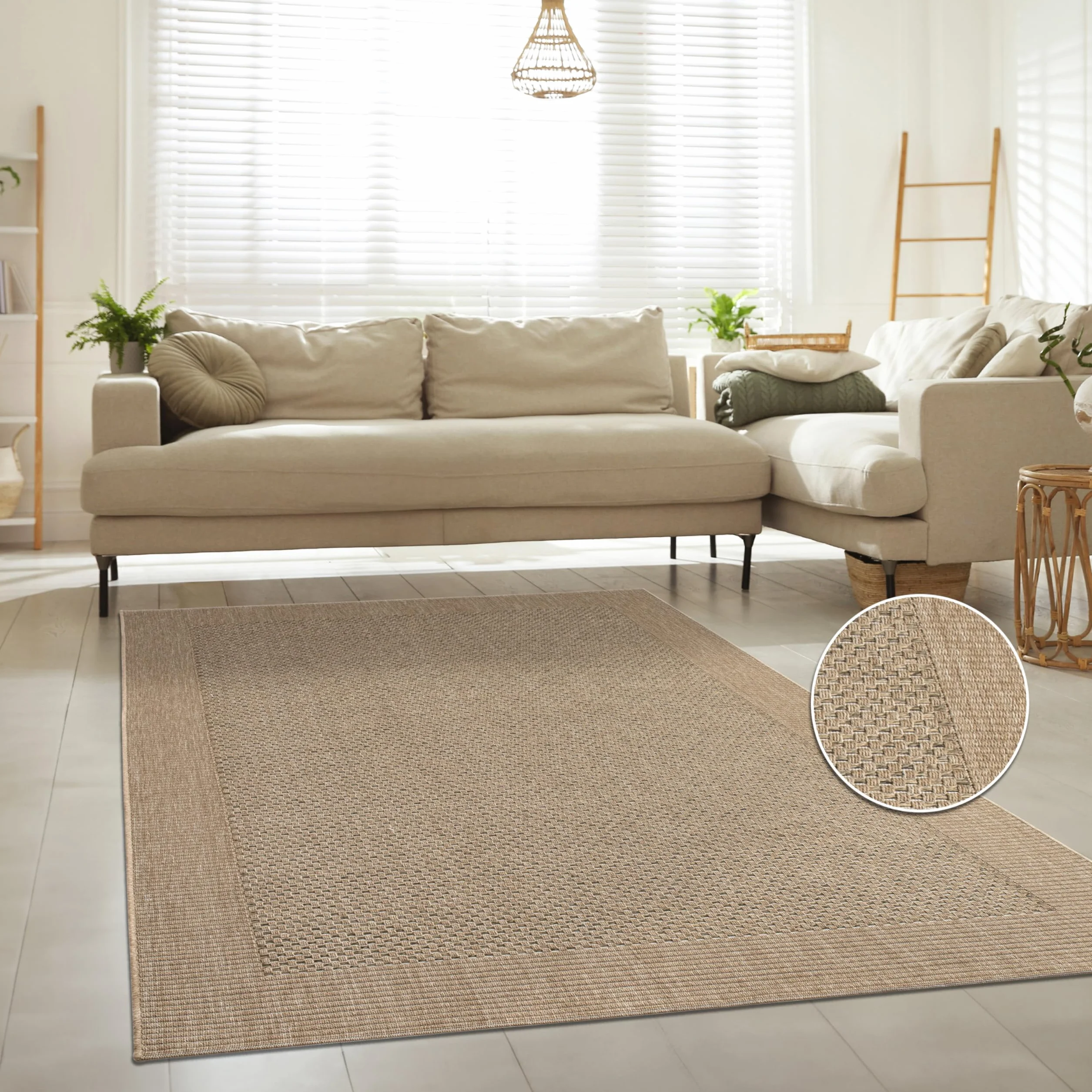 Paco Home Alfombra Interior Y Exterior Balcon Alfombra Cocina con Ribete Óptica Sisal Lisa Beige, tamaño:200x290 cm