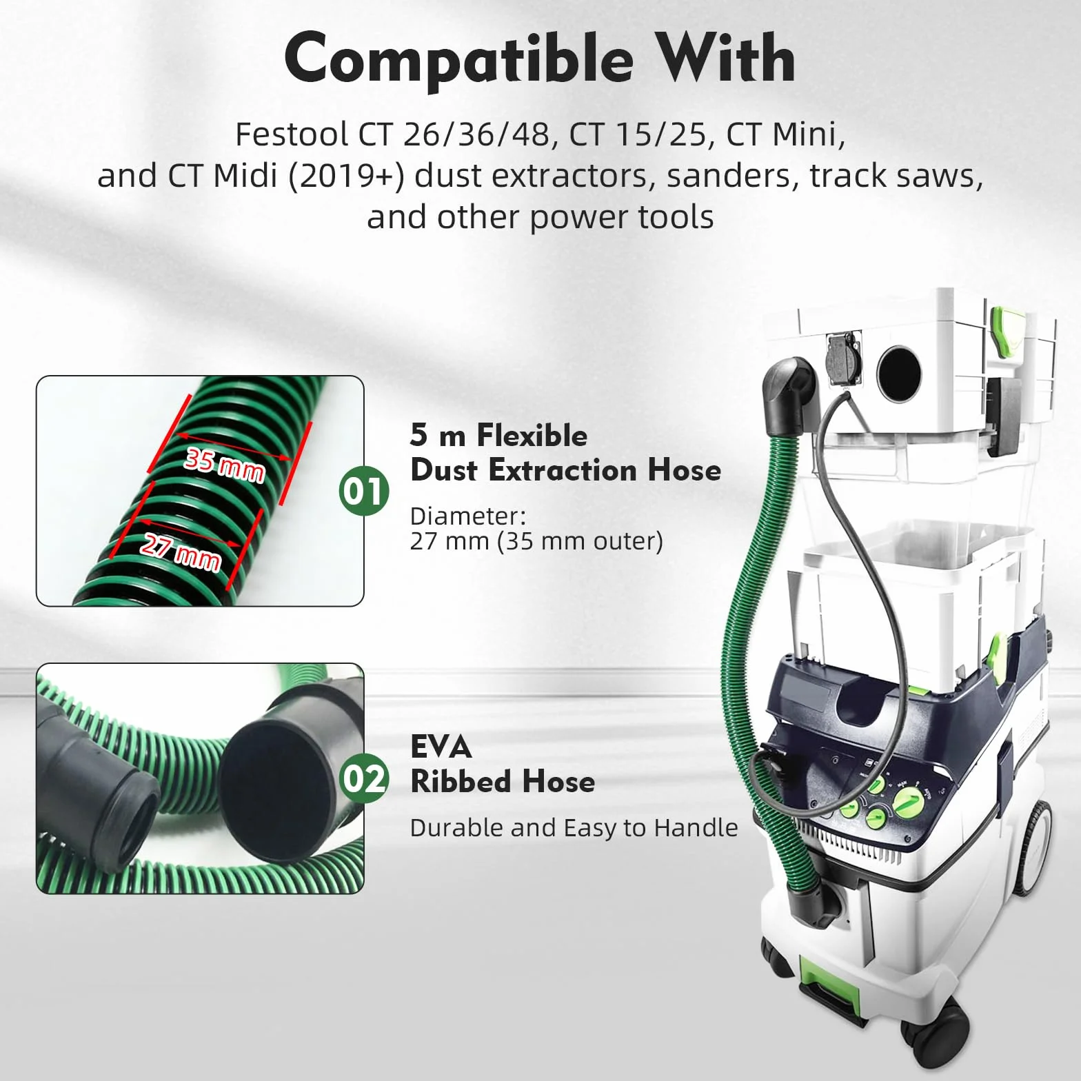 Tubo de Aspiración de Polvo 5 m Compatible con Festool CT 26/36/48, CT 15/25, CT Mini & CT Midi desde 2019, D27 (Ø35 mm) Tubo de Aspiración para Lijadoras y Sistemas de Aspiración