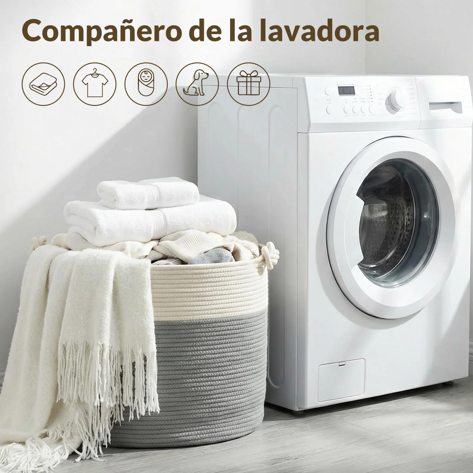 COSYLAND Cesto de Ropa Sucia de Cuerda de Algodón D50 x H35 cm – Cesta para la Ropa Sucia con Asas – Cesto Plegable para Mantas, Juguetes y Lavandería – Blanco Crema y Gris Claro
