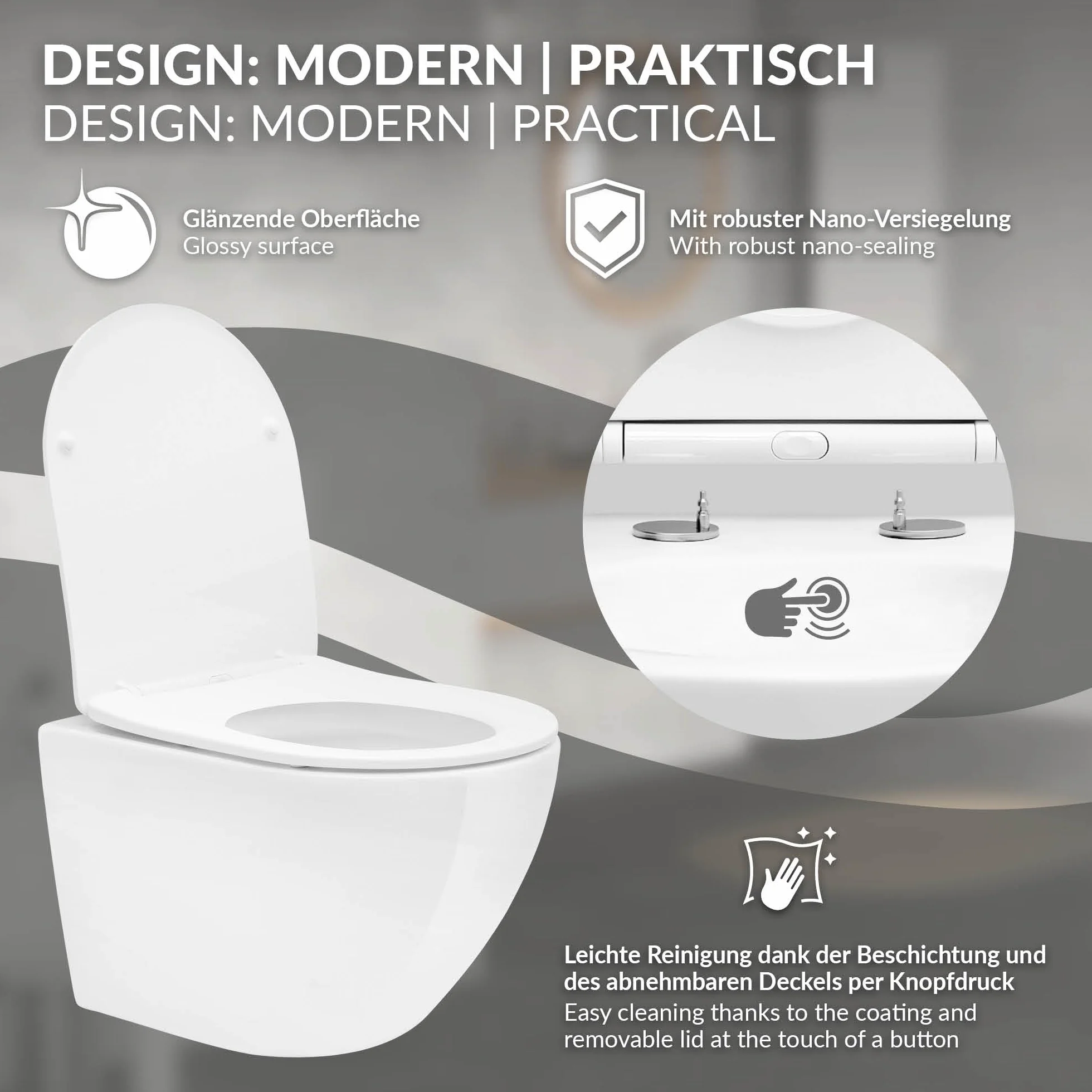 LuxeBath WC Suspendido Blanco Brillante de Cerámica sin Borde, Inodoro Colgante Corto de 49cm con Nanorecubrimiento, Descarga Profunda de Tornado para Baño Estilo modenro, Wáter con Asiento Extraíble