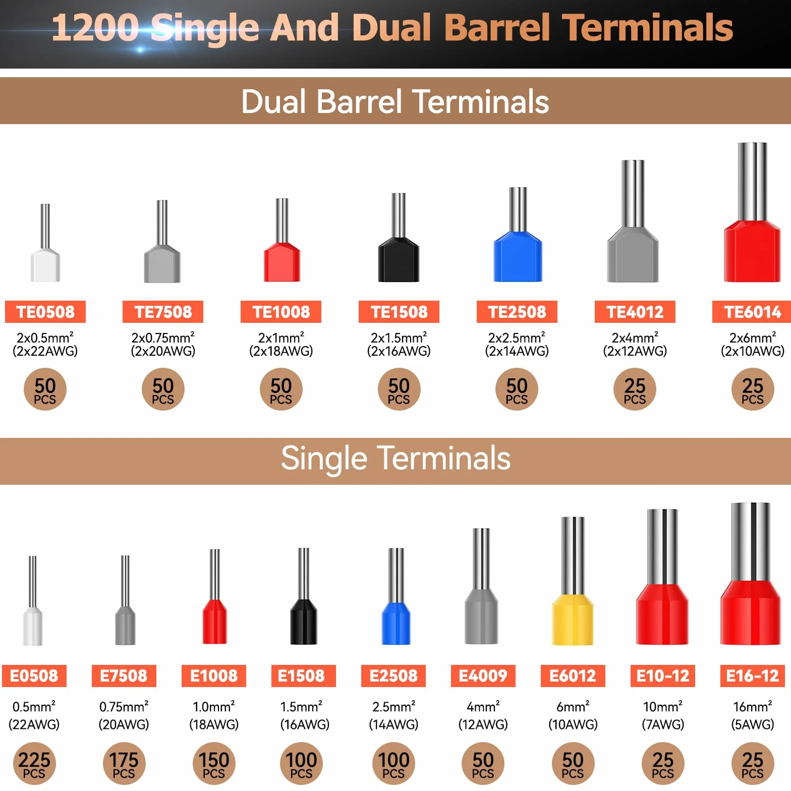 Crimpadora Terminales, alicat para engarzar 0,08-16 mm² Juego de alicat para extremos de cables con 1200 punteras para cables dobles y simples para bricolaje y uso industrial
