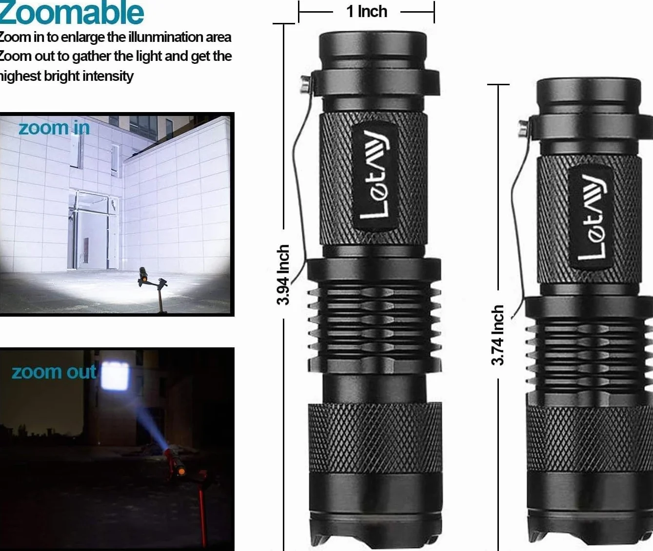LETMY Linterna táctica, mini linternas LED superbrillantes con clip para cinturón, zoom, 3 modos, impermeable, la mejor linterna EDC para regalo, senderismo, camping, huracán y corte de energía