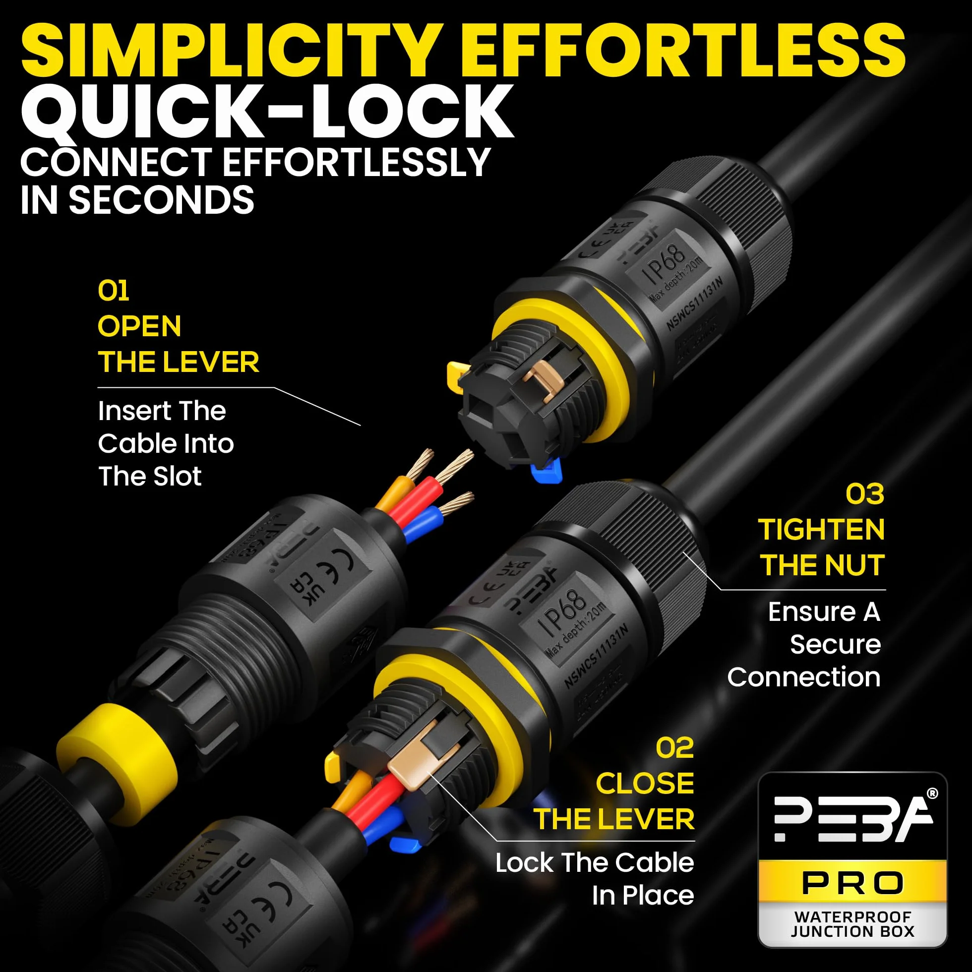 PEBA® Conector cable estanco IP68 2 vías 3 pines para jardín 4-12mm