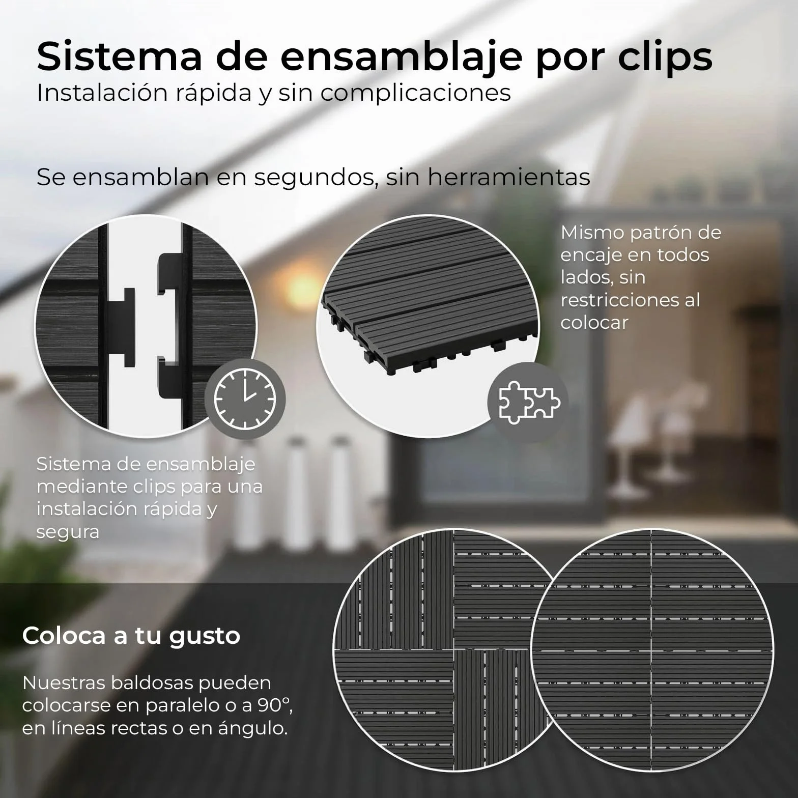 YOEVU - Baldosas de Exterior de Madera Composite WPC | Antideslizantes y Resistentes al Agua | Fácil Instalación | 1.08m² | Set de 6, Patio y Jardín, 30X60cm (Antracita)
