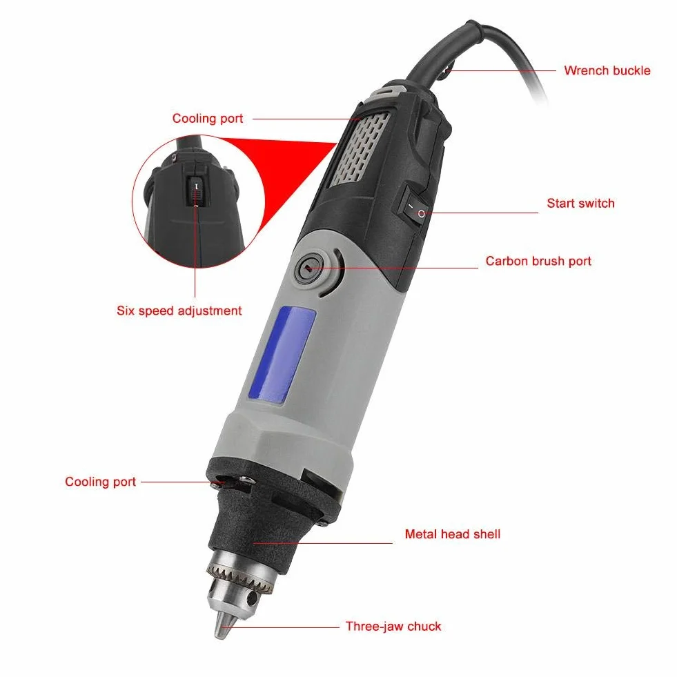 Amoladora Eléctrica Acouto, Mini Amoladora, 400 Vatios, 6 Velocidades Variables, Taladro Eléctrico 6 Posiciones, Herramienta Rotativa