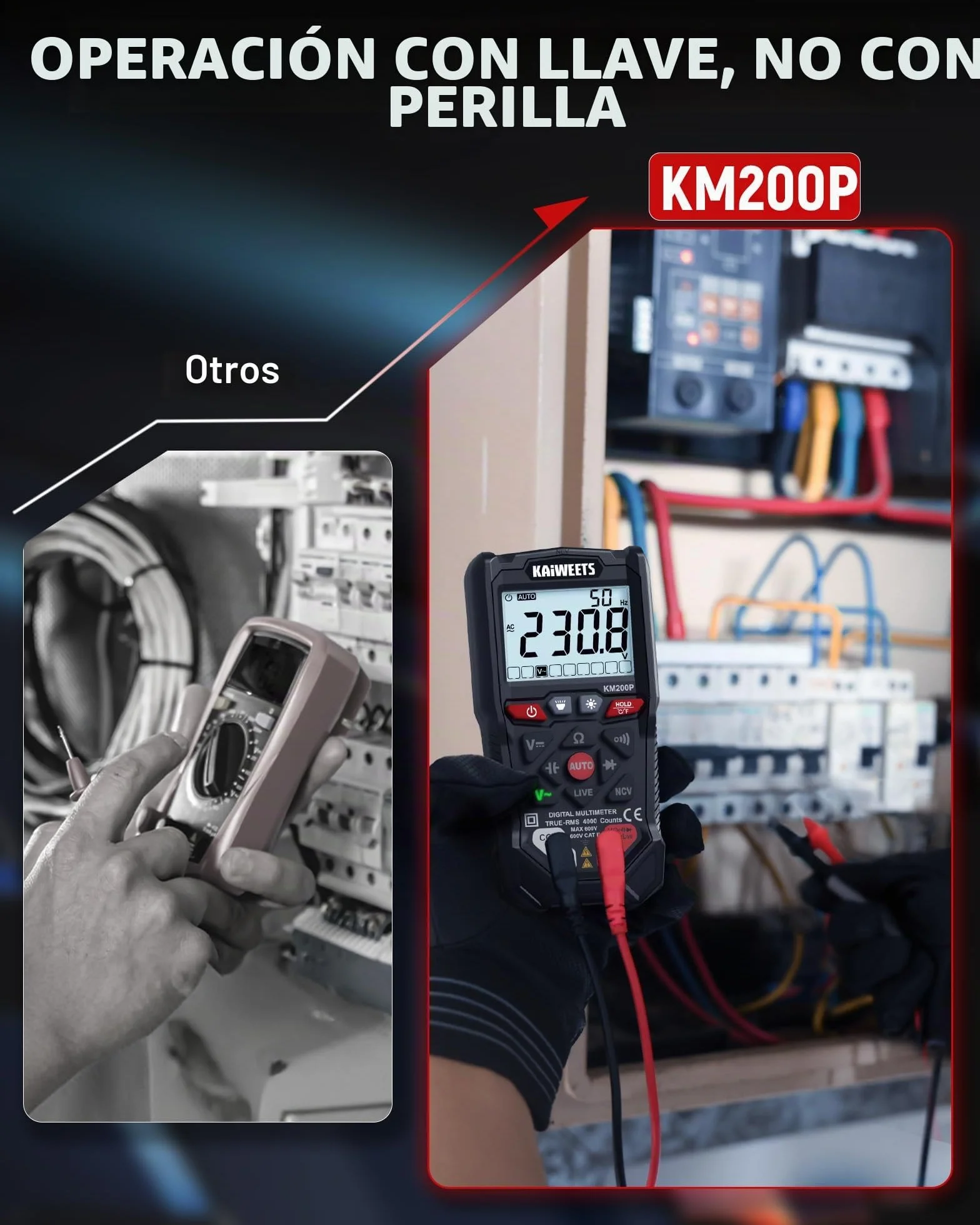 Multímetro Digital KAIWEETS con Control por Botones, 4000 Cuentas, Selección Automática de Rango, TRMS, Función NCV y Prueba de Cable Vivo, Mide Tensión CA/CC, Resistencia, Continuidad y Capacidad