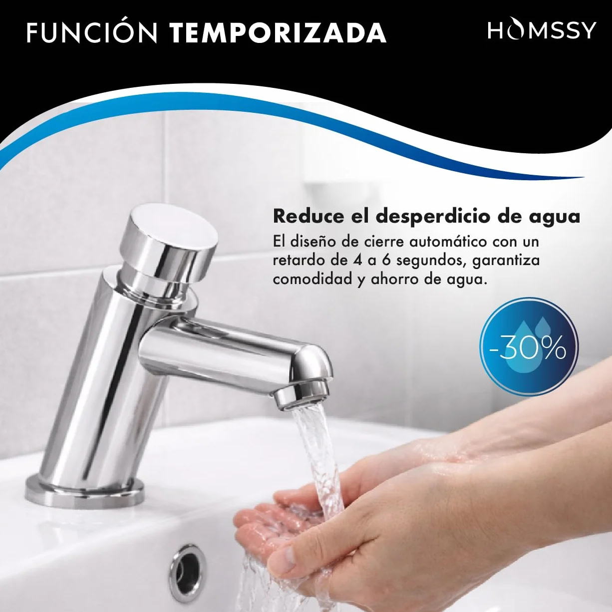Grifo Temporizado para Lavabo, 2 Aguas (Agua Caliente y Fría), Diseño Cromado, Control Eficiente de Agua
