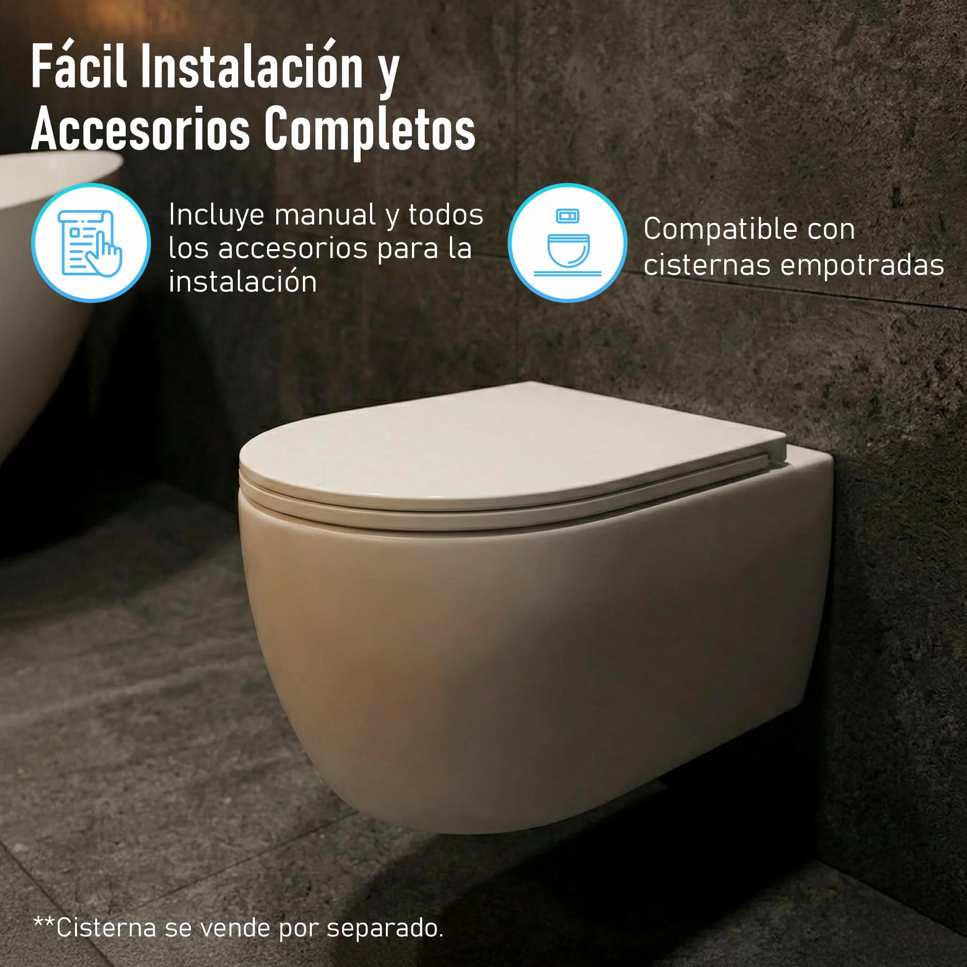 WC Inodoro de Cerámica Suspendido | 530x365x365 mm | Váter con Sistema Rimless Antibacterias, Tapa Dura Extrafina UF Amortiguada y Ahorro de Agua (Blanco)
