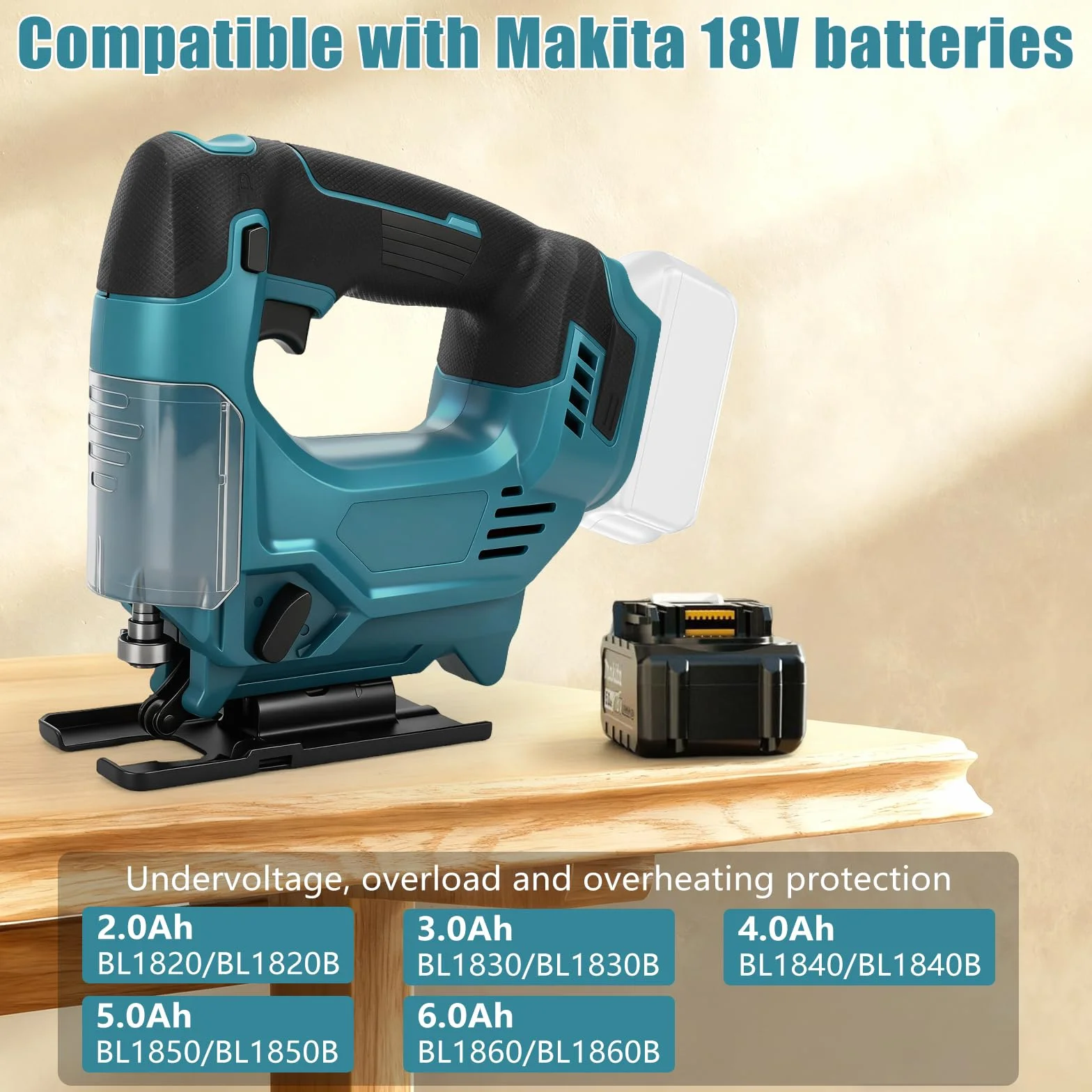Roadtime Sierra de calar inalámbrica de 420 W para batería Makita de 18 V (sin baterías), motor sin escobillas 800-3500 RPM, ángulo de biselado máximo de 45°, carrera de corte de 26 mm, 6 cuchillas