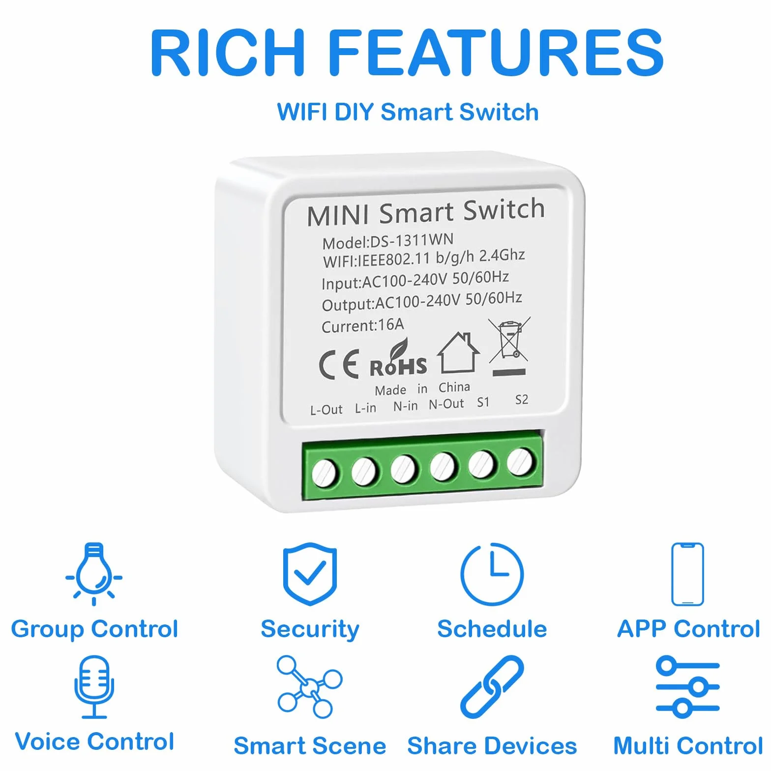 Interruptor WIFI, Interruptor Inteligente WIFI, Mini Smart Switch WIFI Compatible con Alexa,Tuya y Smart Life, Max 16A, 2.4GHz Interruptor Alexa
