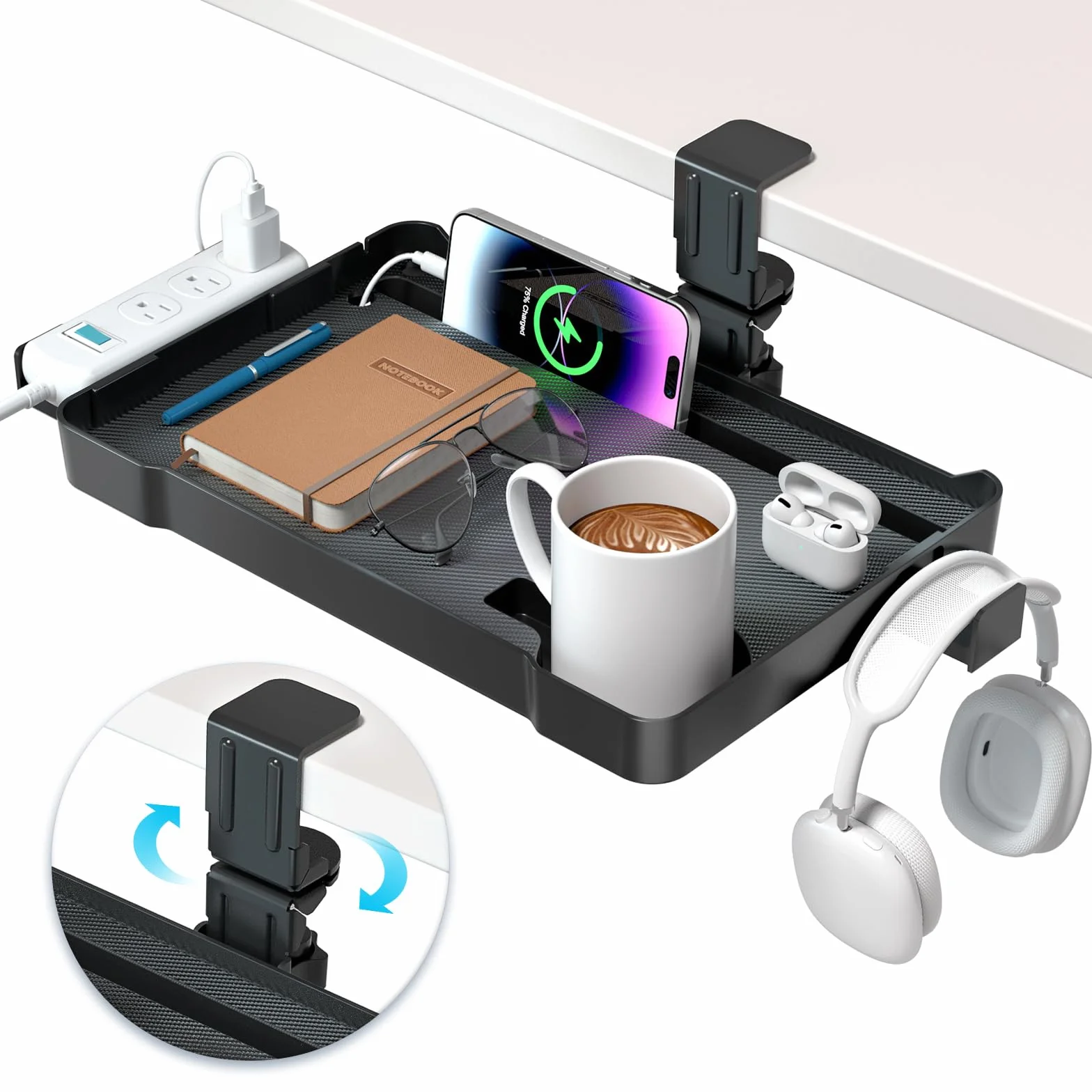 KDD Organizador Cajones Bajo Escritorio Oculto, Cajonera Giratoria 360° con Soporte Cascos Gaming y Portavasos