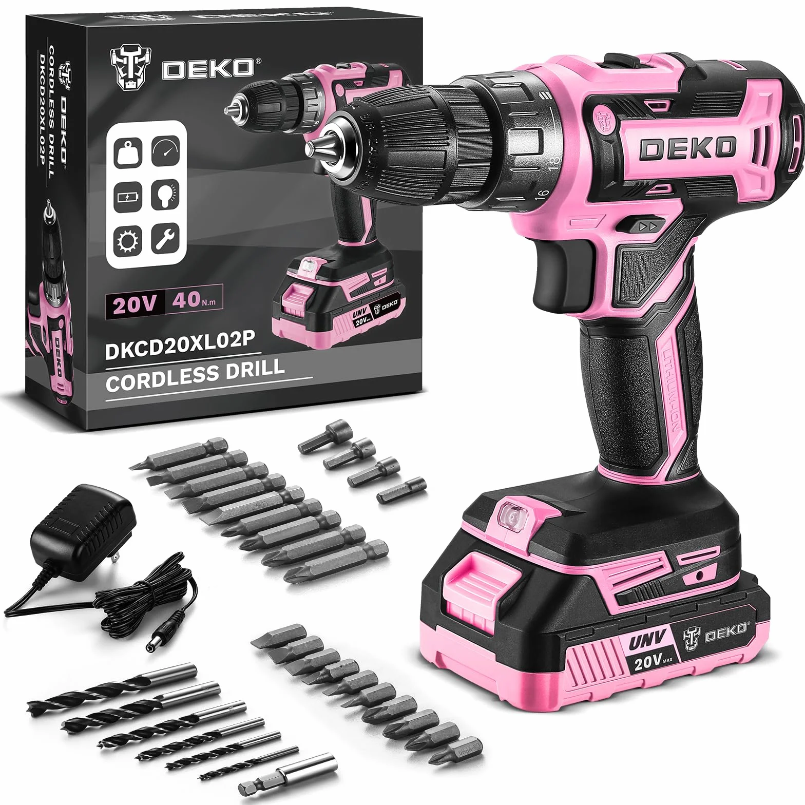 Taladro Inalámbrico, DEKOPRO 20V Taladro Atornillador Bateria con 1 Baterías y Cargador, 40 Nm, 2 Velocidad y LED, Adecuado para Bricolaje en Casa y Jardín,Rosa