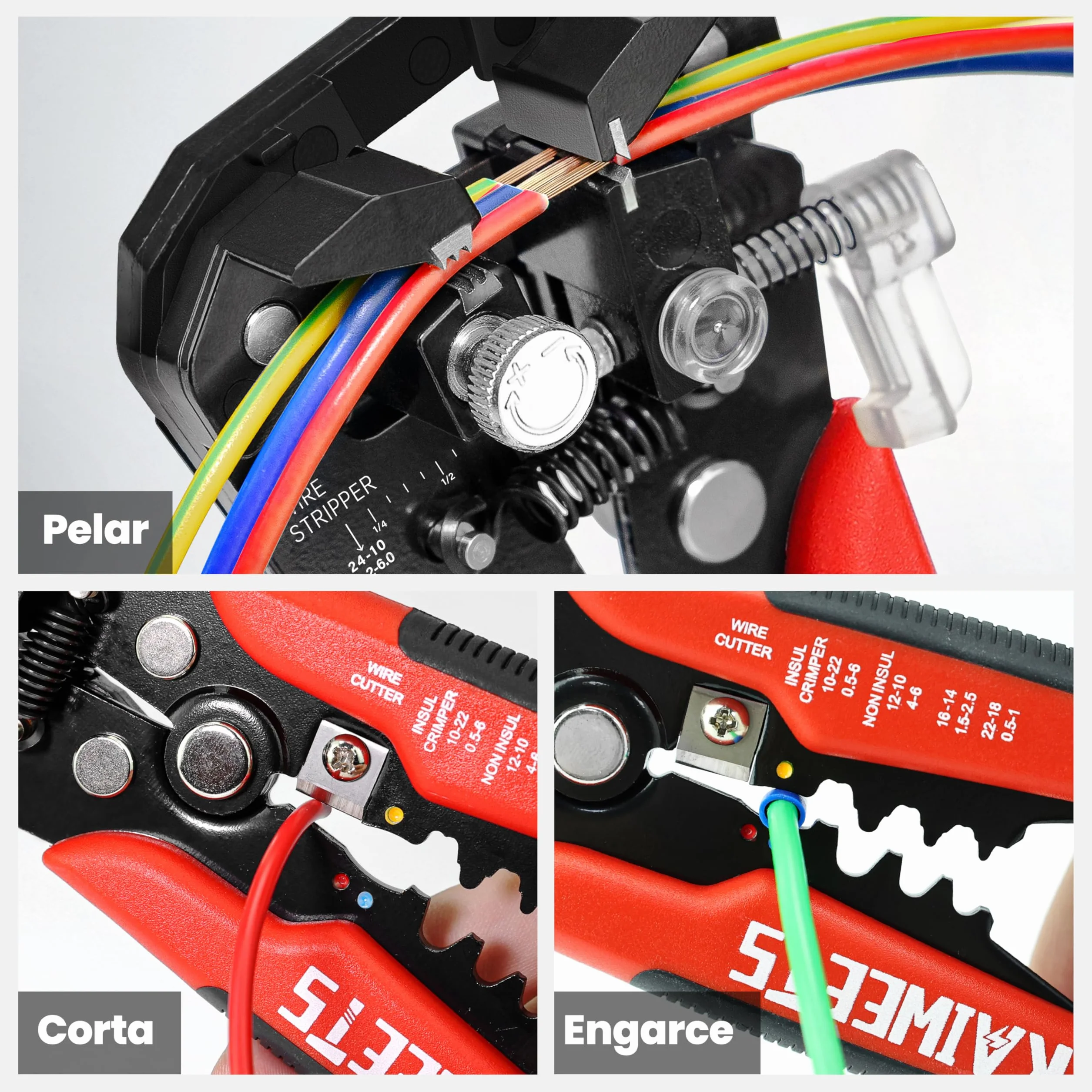 KAIWEETS Alicates Pelacables Automatico, 3 en 1 Pelacables Electricista Profesional Combinados con Cortar, Pelar y Prensar los Terminales, Herramientas Electricista para Pelar Cables