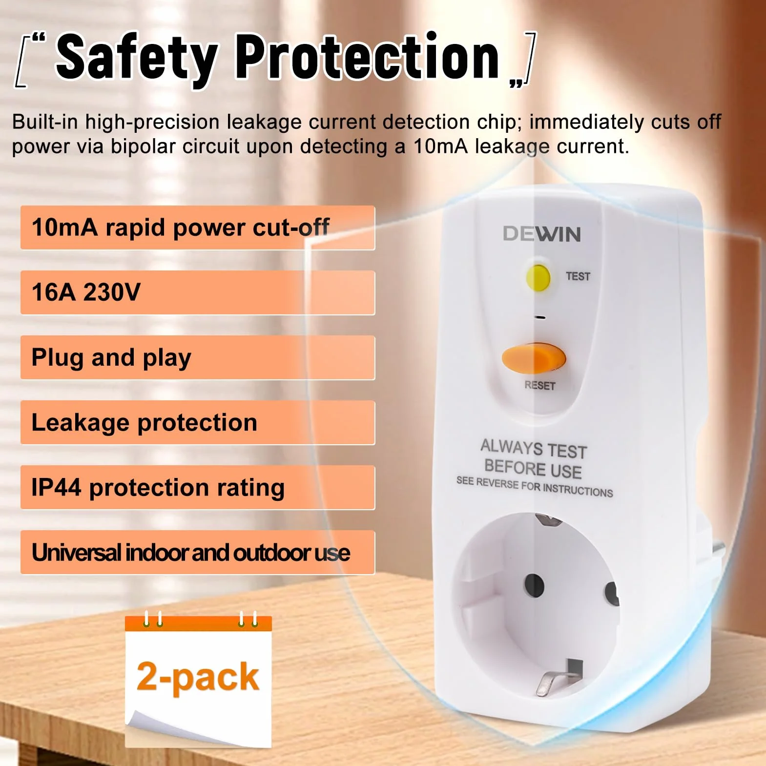 Interruptor Diferencial Enchufe 10mA, Paquete de 2 Interruptor de Corriente Residual antifugas y choques eléctricos, Toma de Corriente de Seguridad con Protección GFCI, 230V 16A