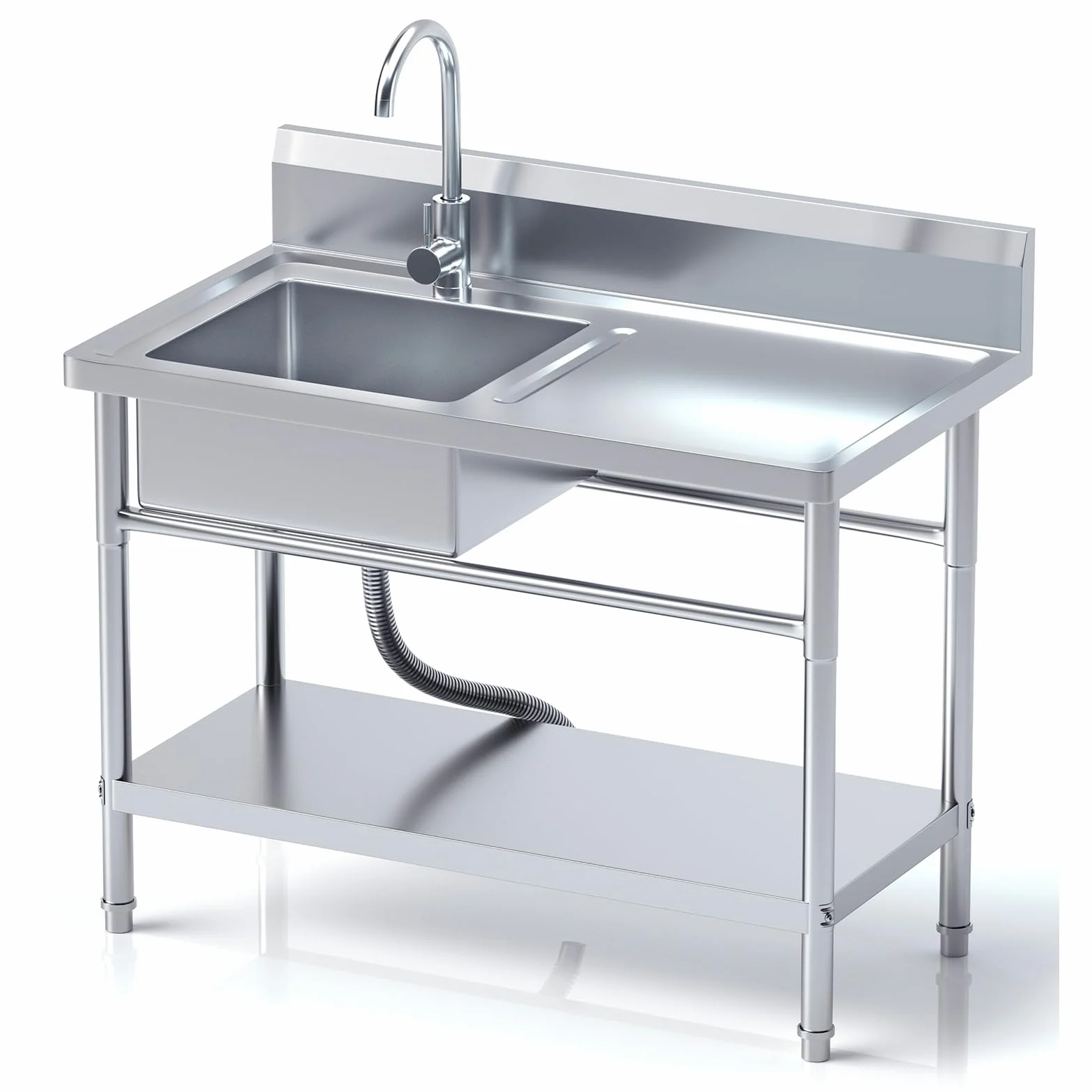 RiveraSink Fregadero Inox Independiente 100×55×80 cm con Encimera, Grifo Giratorio 360°, Cesta Filtro y Cubeta Grande – Altura Ajustable, Fácil de Limpiar – para Cocina, Hostelería y Jardín